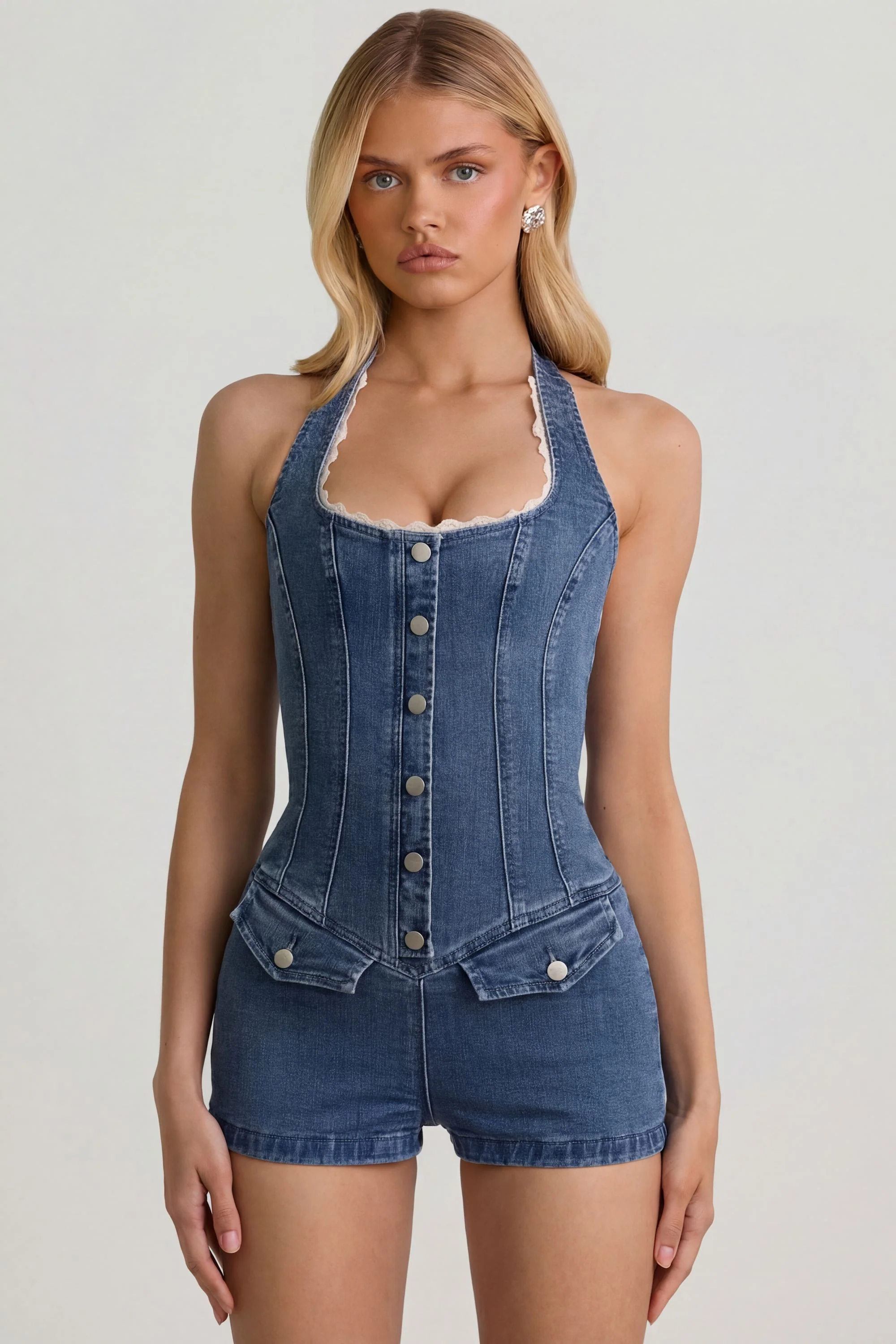 Button-Down Halterneck Playsuit in Mid-Blue - Image 7