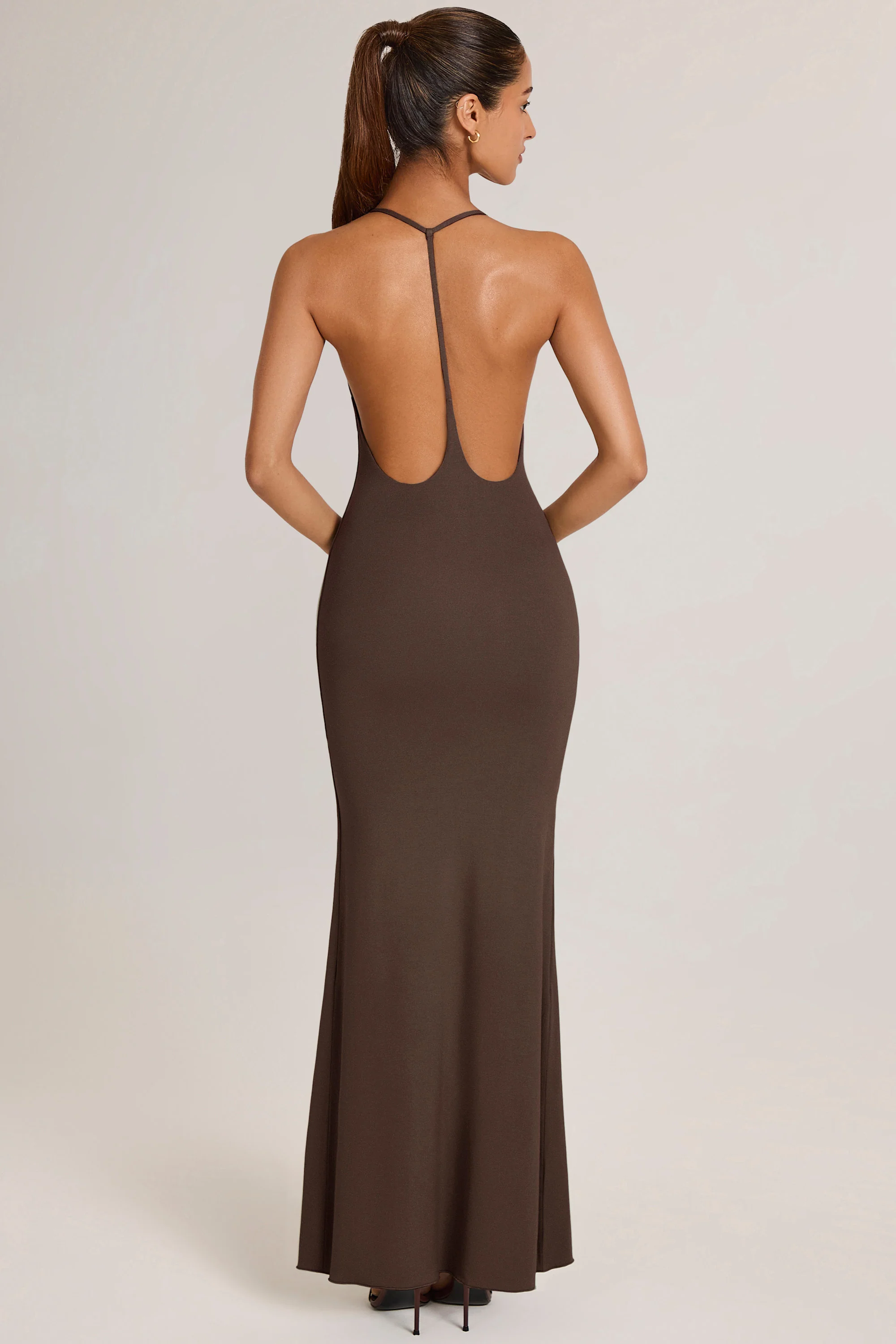 Modal Plunge Backless Maxi Dress in Chocolate Brown - Image 3