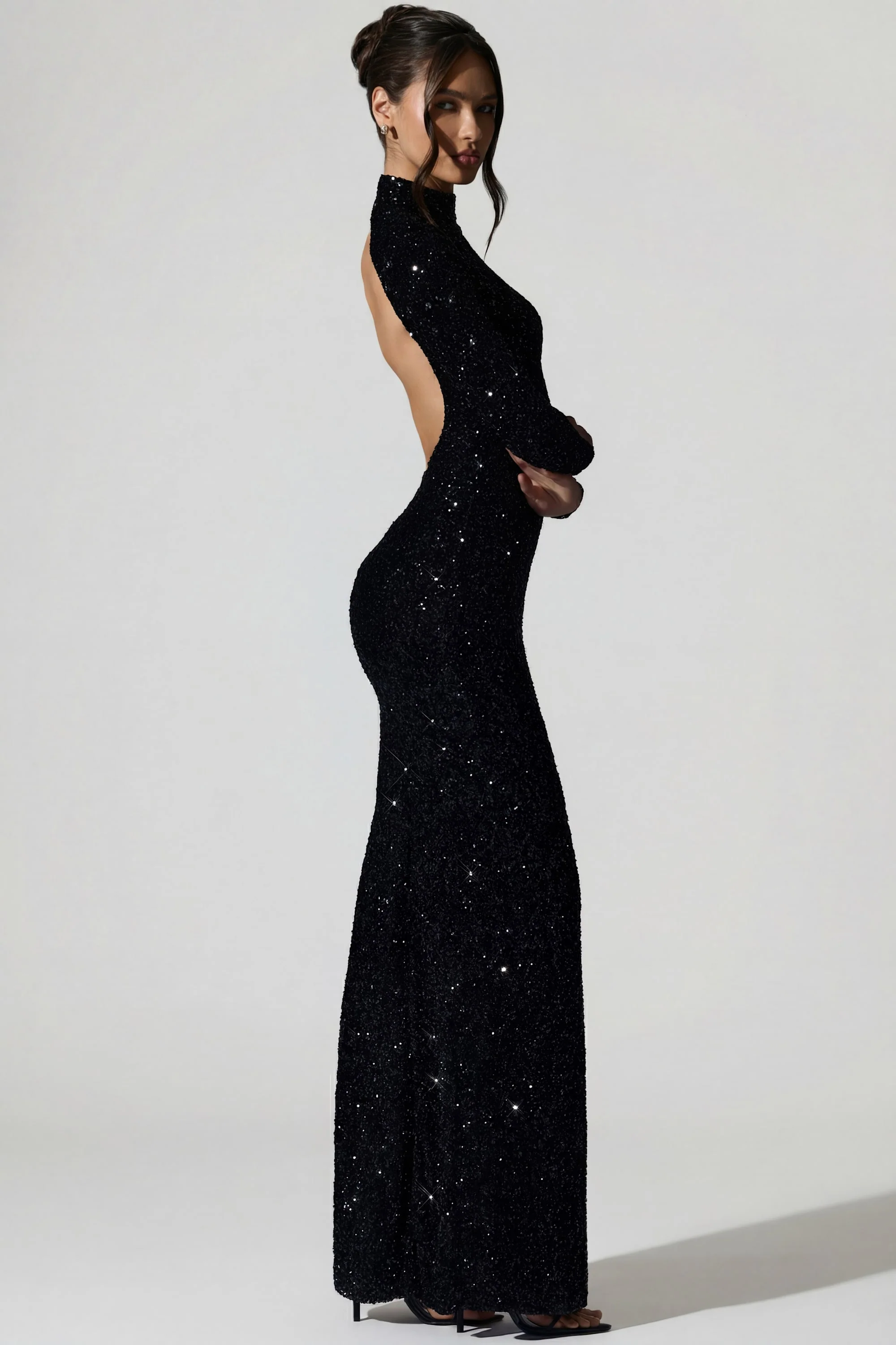 Embellished Open-Back Gown in Black - Image 6