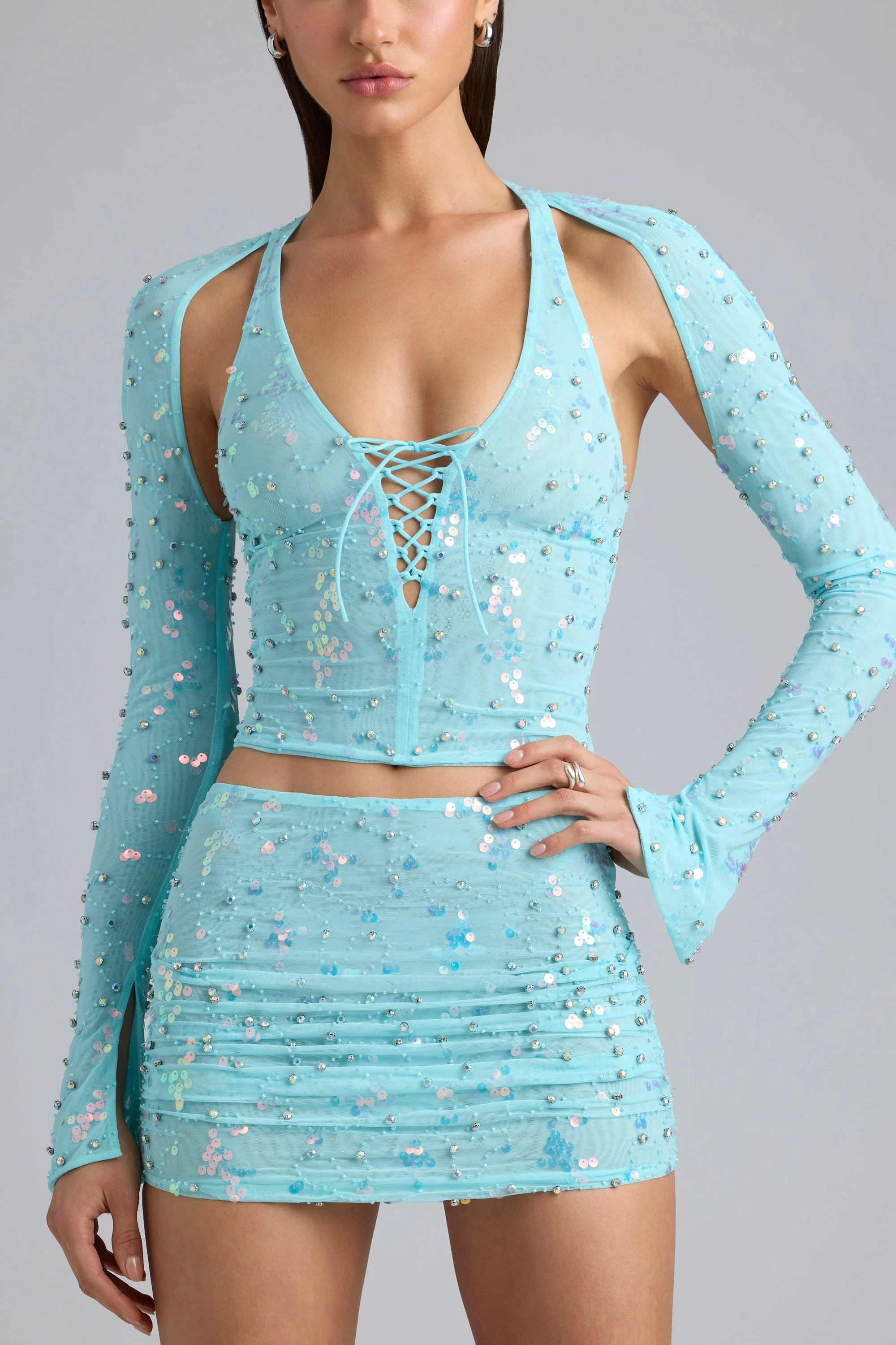 Embellished Cut-Out Halterneck Top in Ice Blue - Image 4