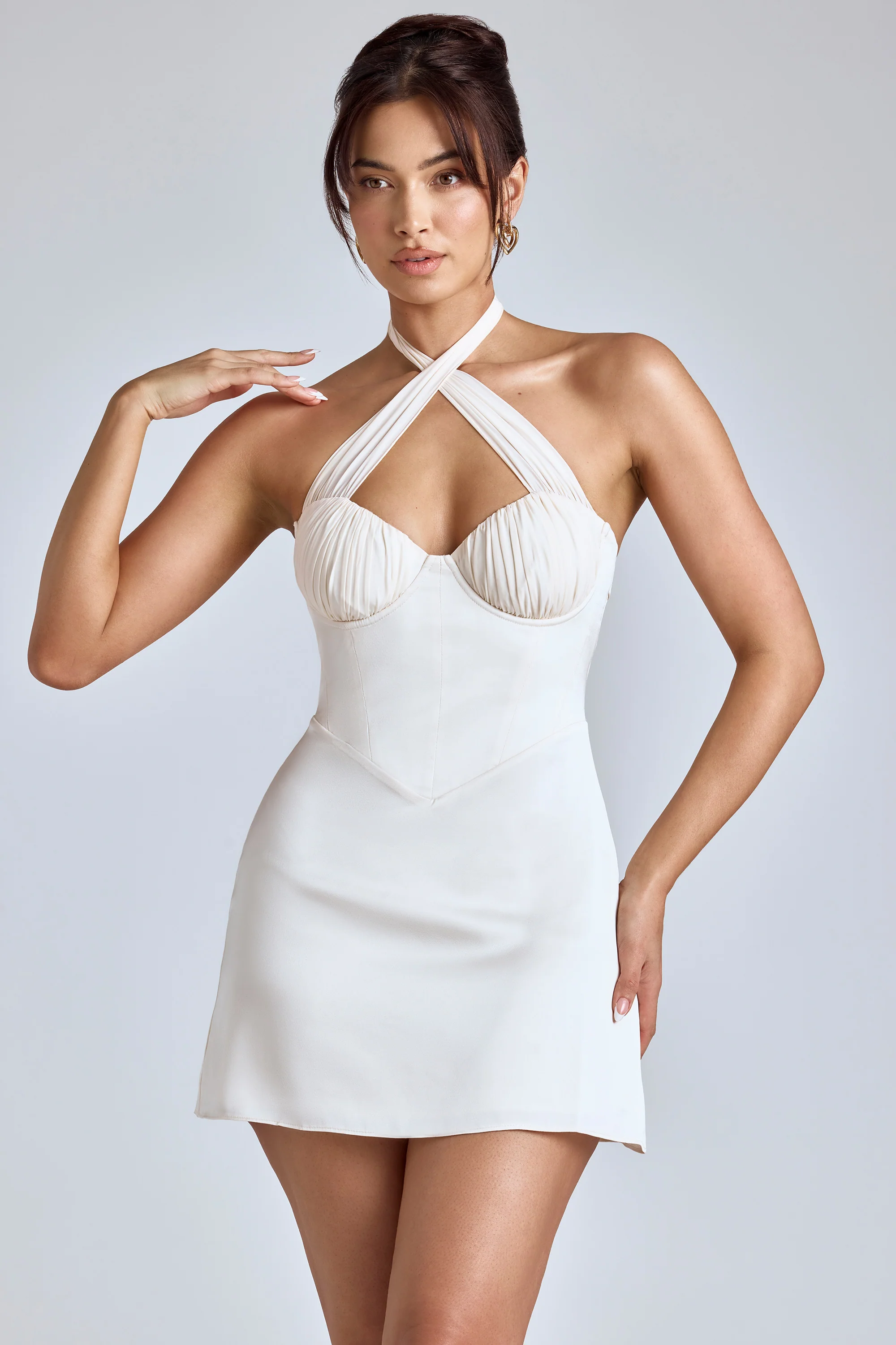 Cross-Neck A-Line Mini Dress in Ivory - Image 9