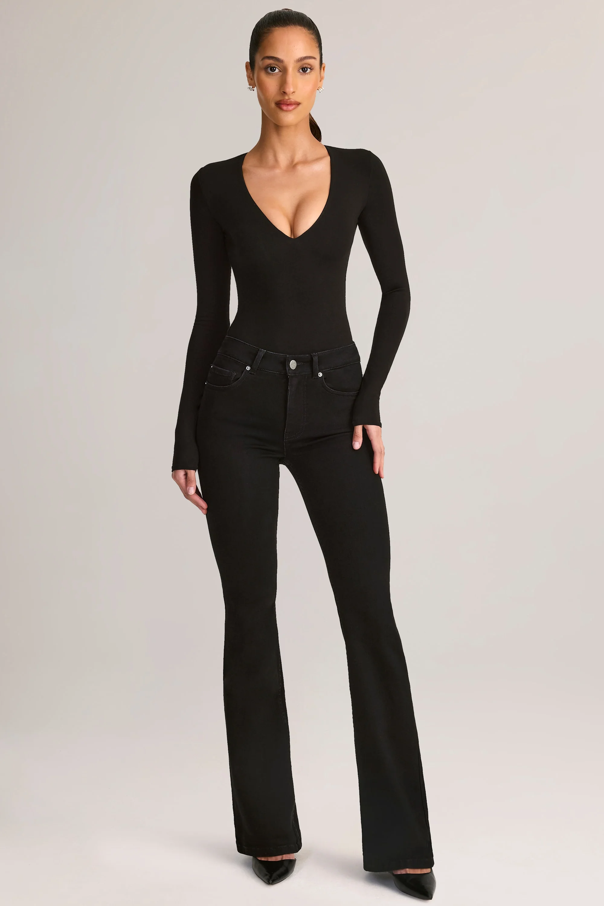 Denim Mid-Rise Flared Jeans in Black