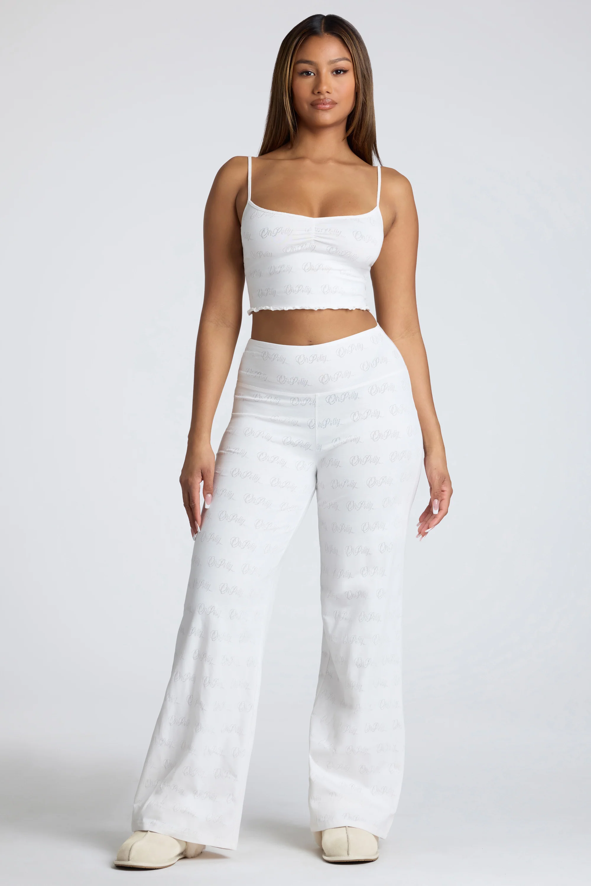Mid Rise Straight Leg Pointelle Trousers in White - Image 6