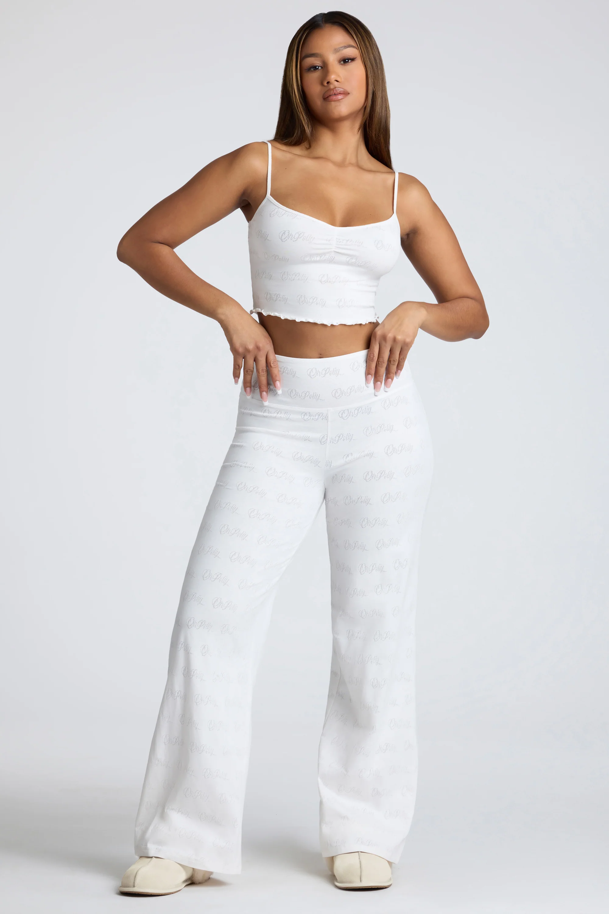 Mid Rise Straight Leg Pointelle Trousers in White - Image 7