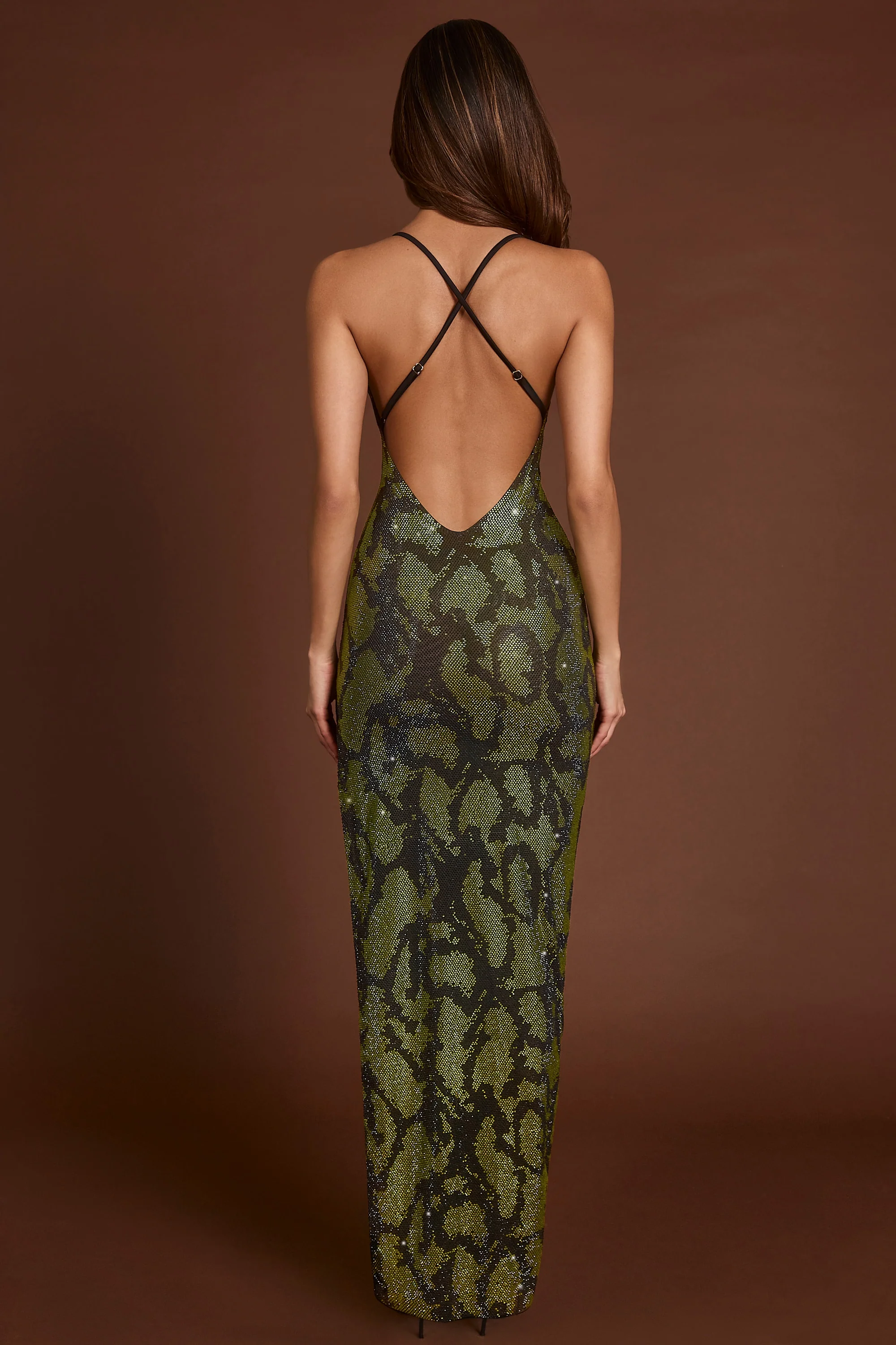 Embellished Halterneck Maxi Dress in Green Snake - Image 2