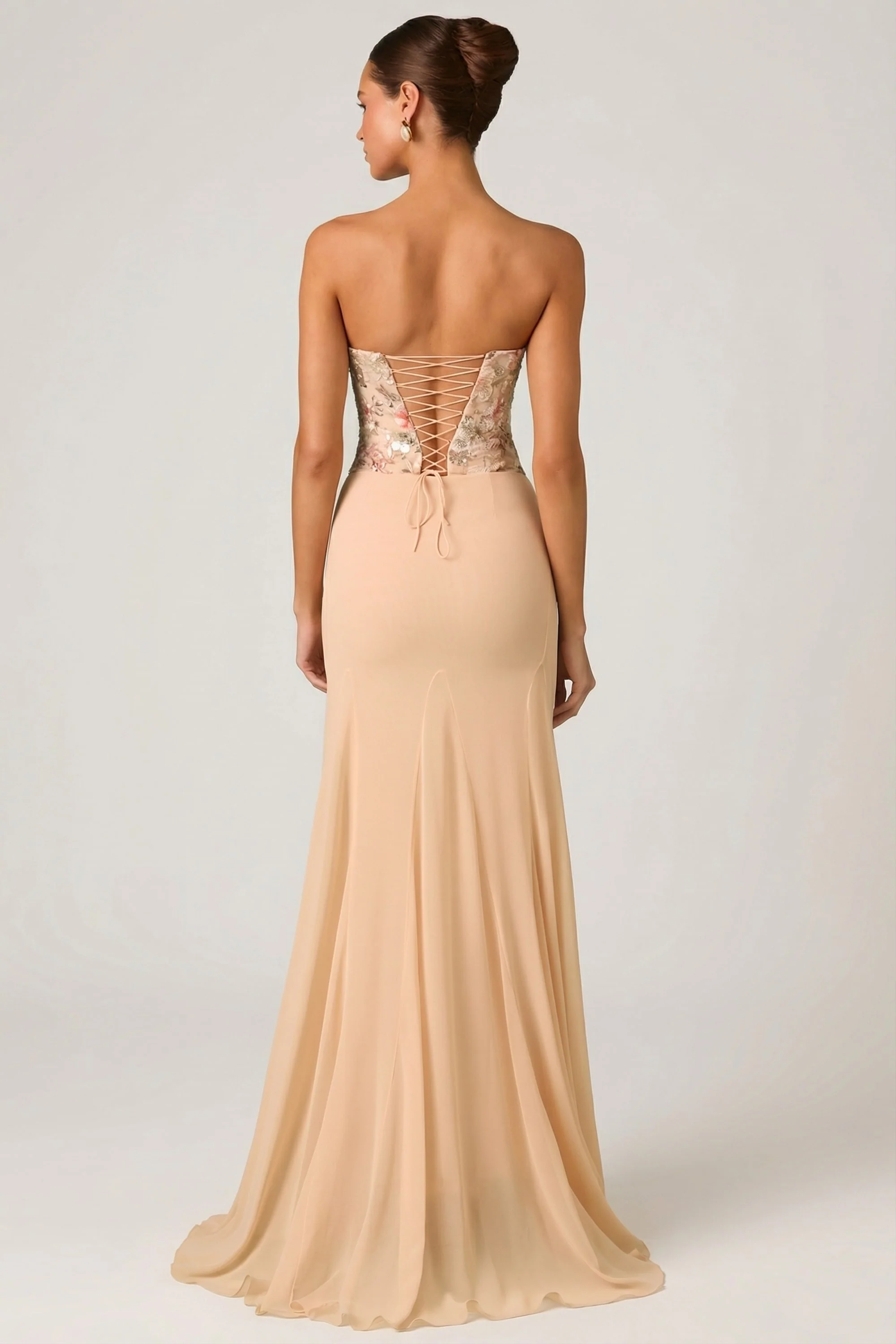 Embellished Corset Fishtail Gown in Floral Beige - Image 2