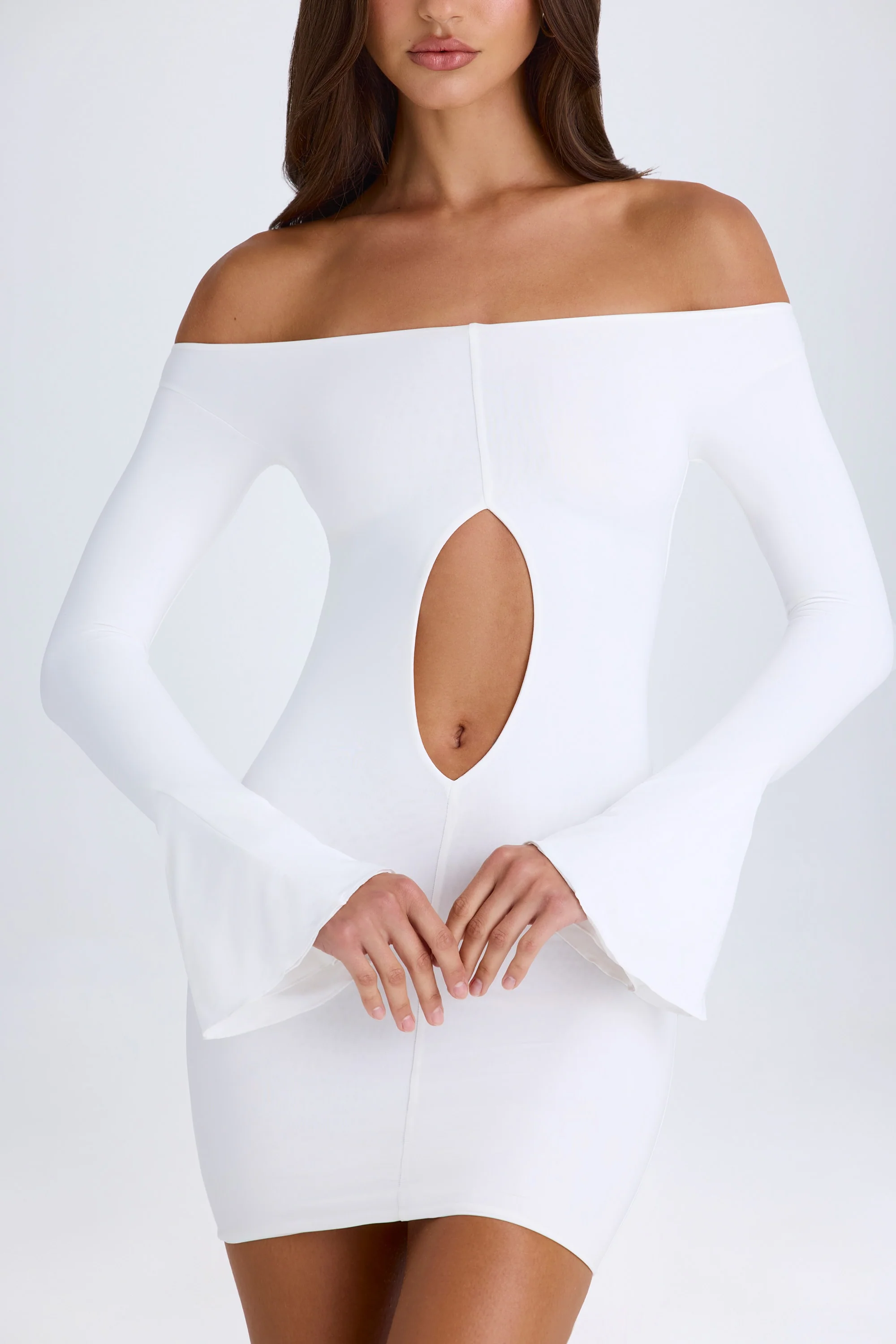 Off-Shoulder Cut-Out Mini Dress in White - Image 4
