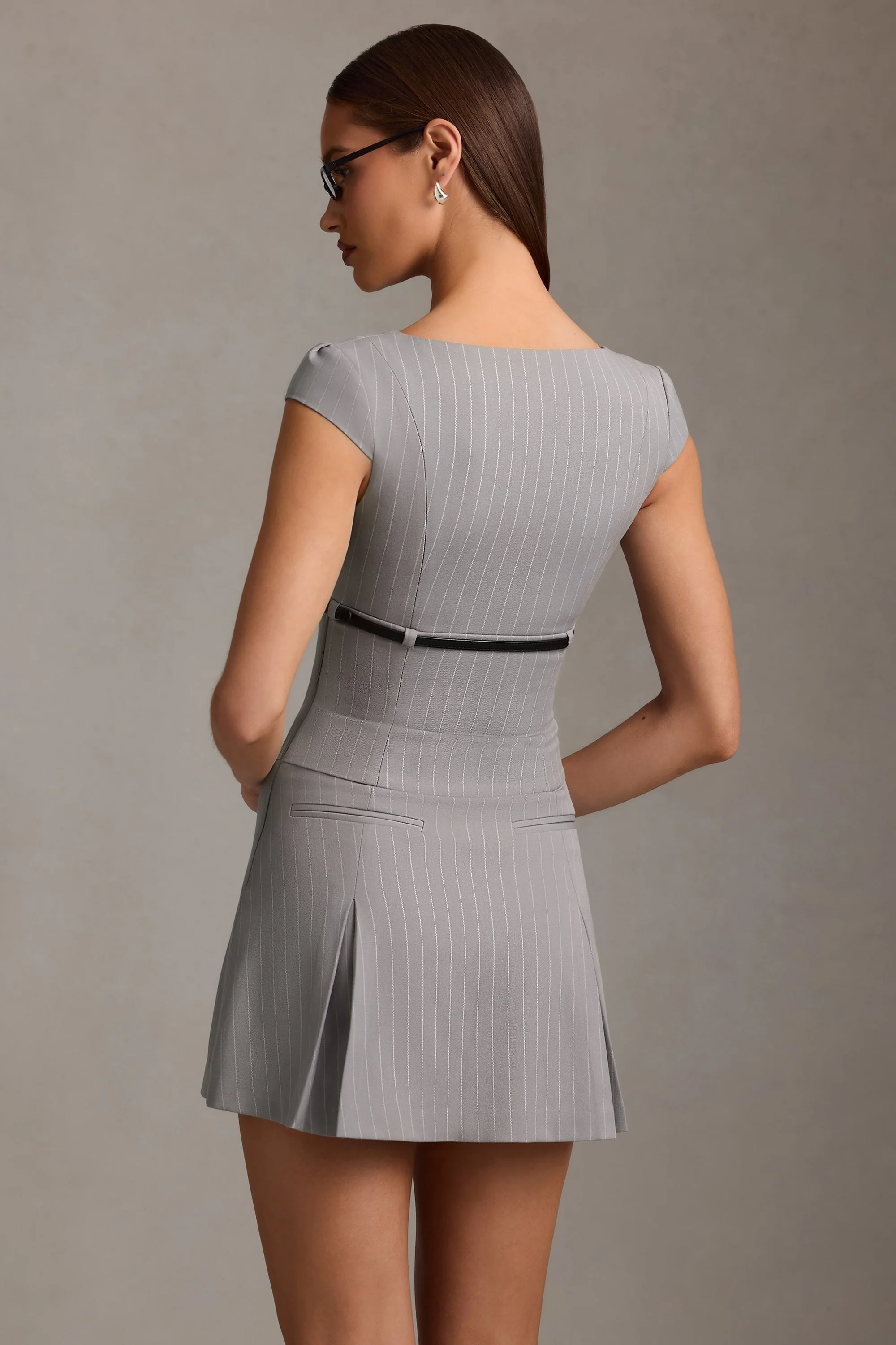 Pinstripe Pleated Waistcoat Mini Dress in Grey - Image 3