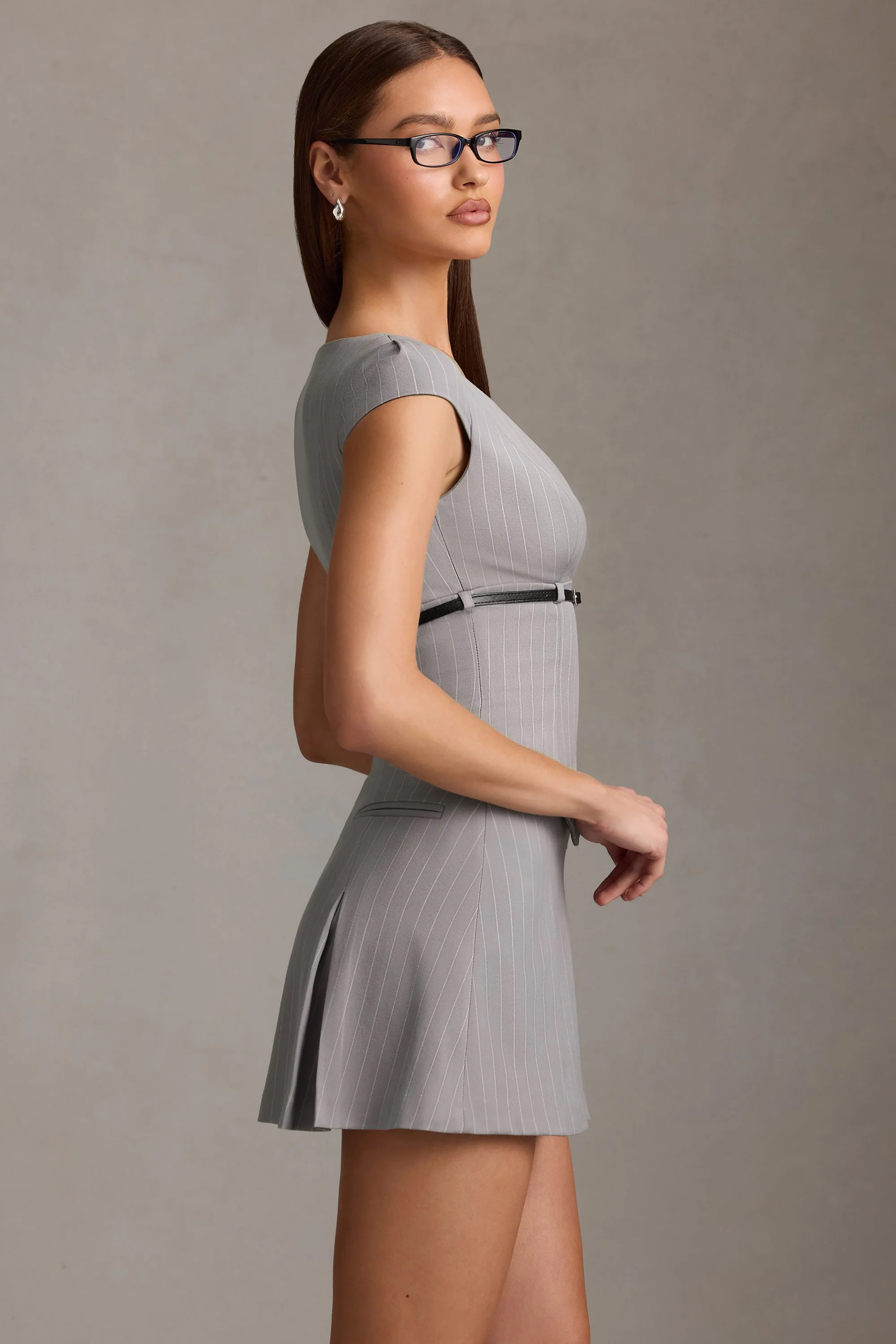Pinstripe Pleated Waistcoat Mini Dress in Grey - Image 4