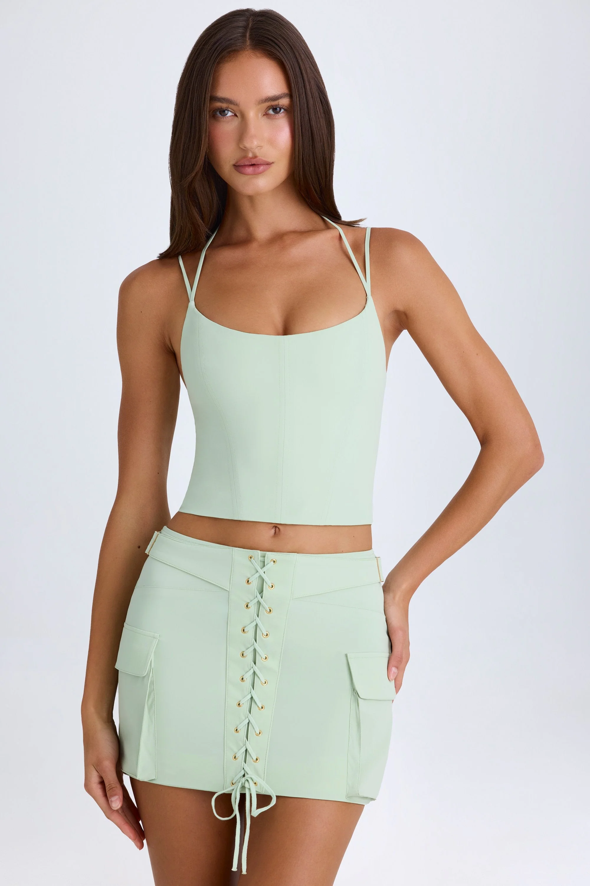Lace-Up Cargo Micro Mini Skirt in Green - Image 7