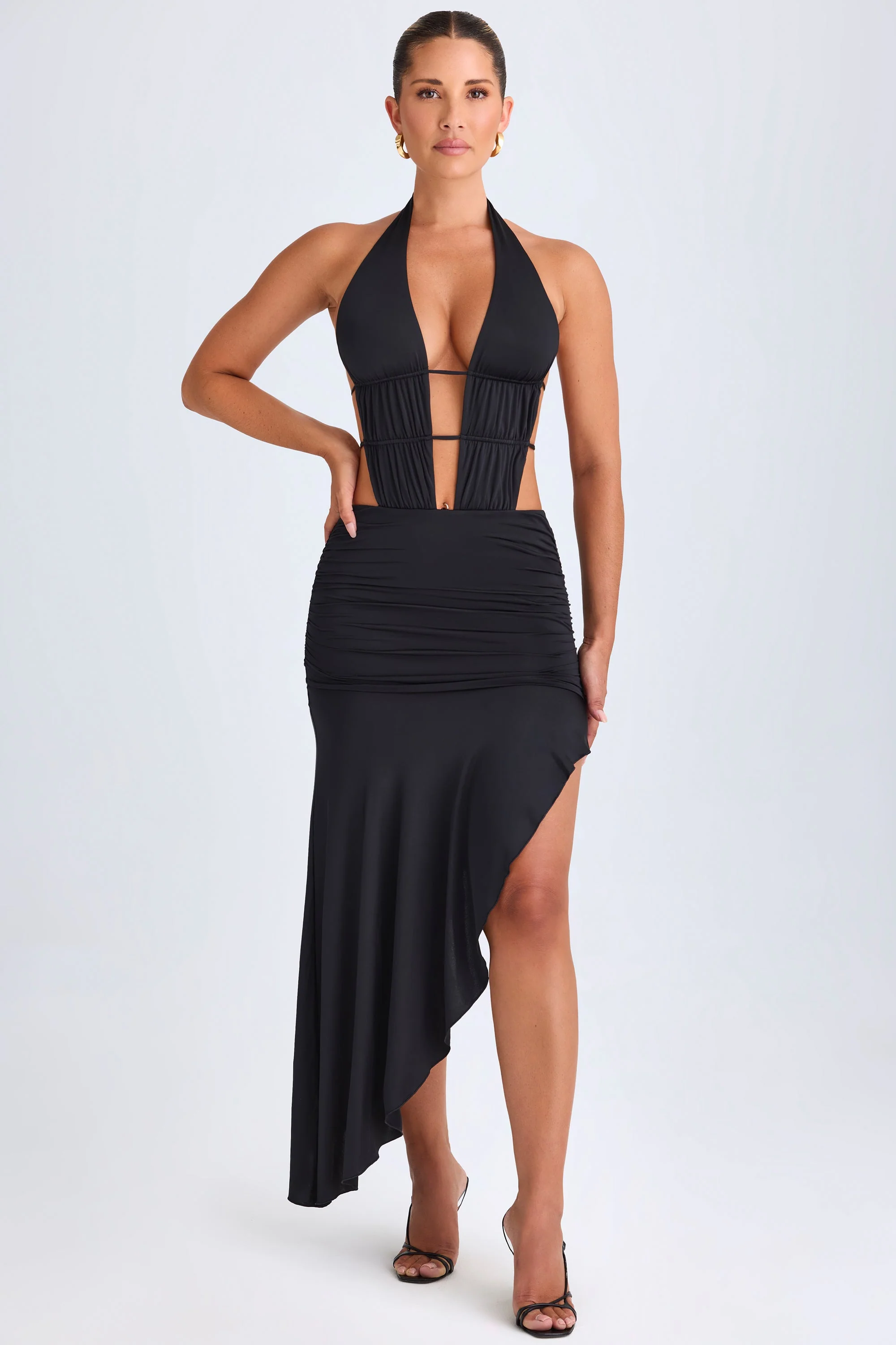 Asymmetric Cut-Out Halterneck Midaxi Dress in Black - Image 8