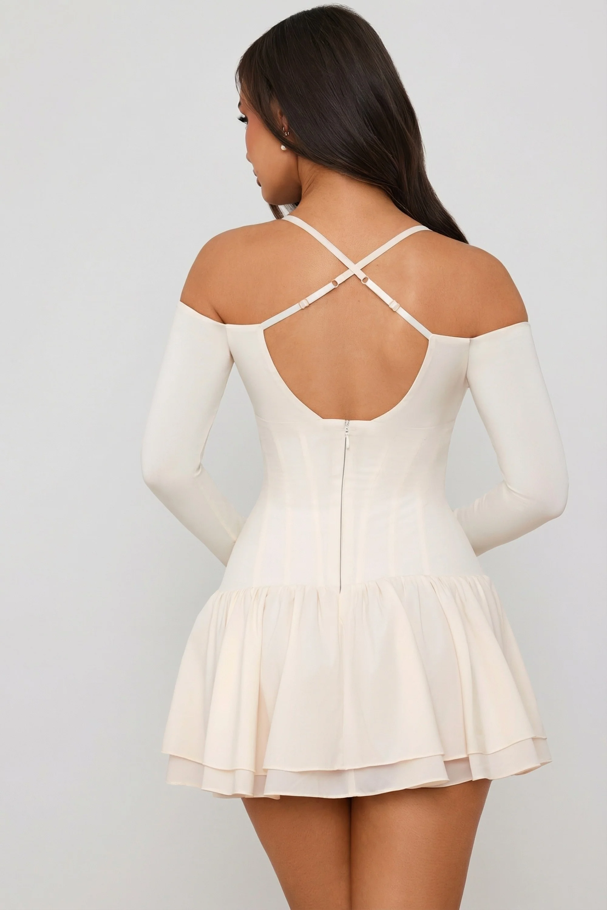 Off-Shoulder Tiered Corset Mini Dress in Ivory - Image 2