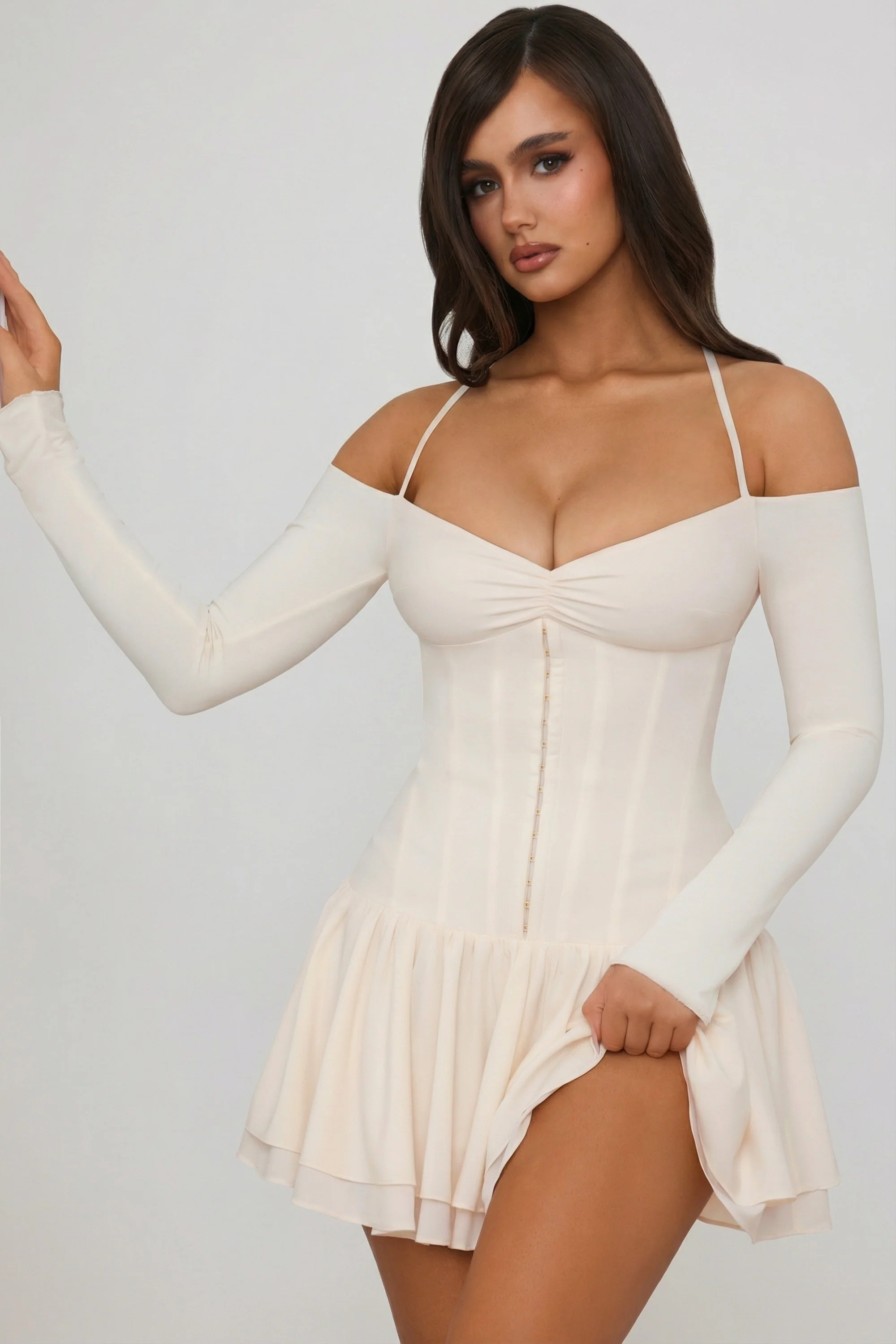 Off-Shoulder Tiered Corset Mini Dress in Ivory - Image 5