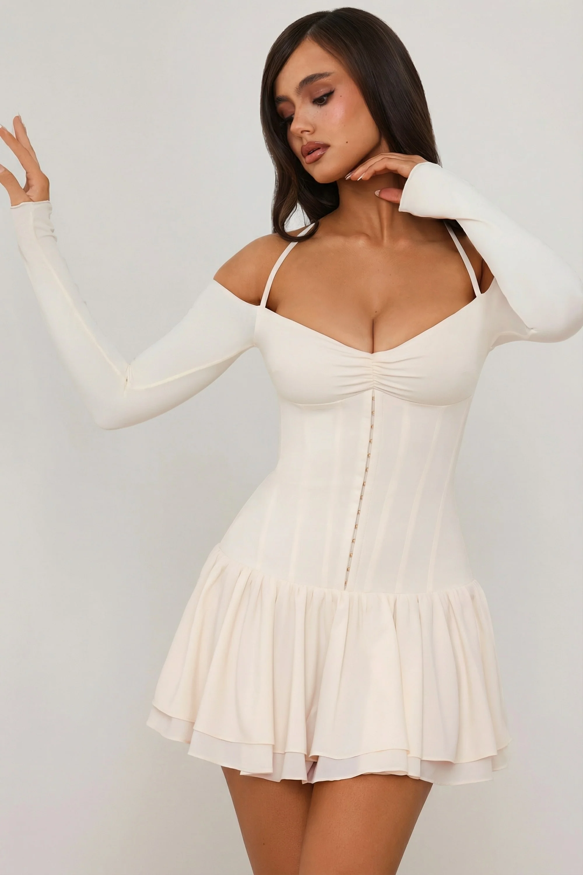 Off-Shoulder Tiered Corset Mini Dress in Ivory - Image 7