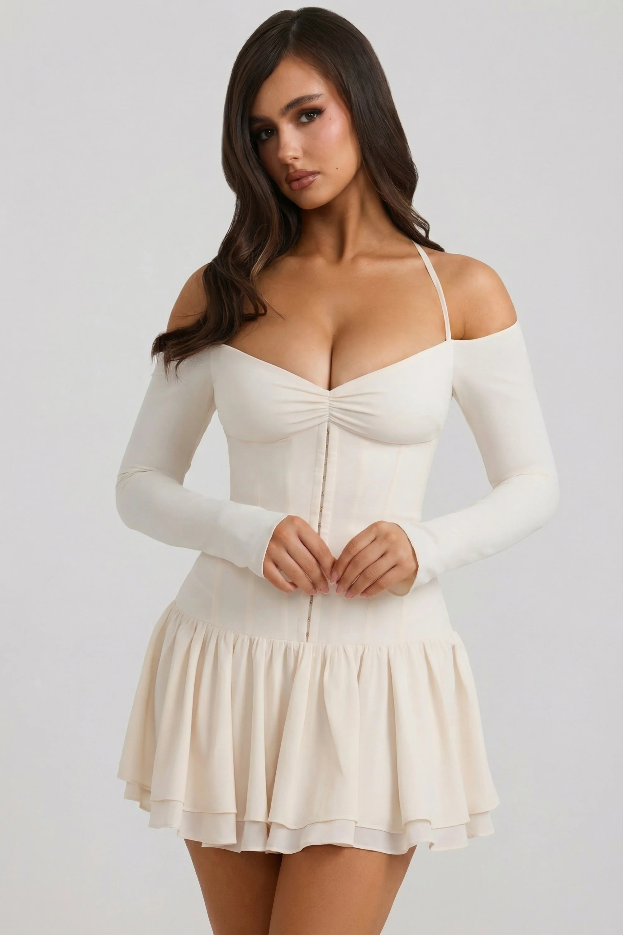 Off-Shoulder Tiered Corset Mini Dress in Ivory - Image 8