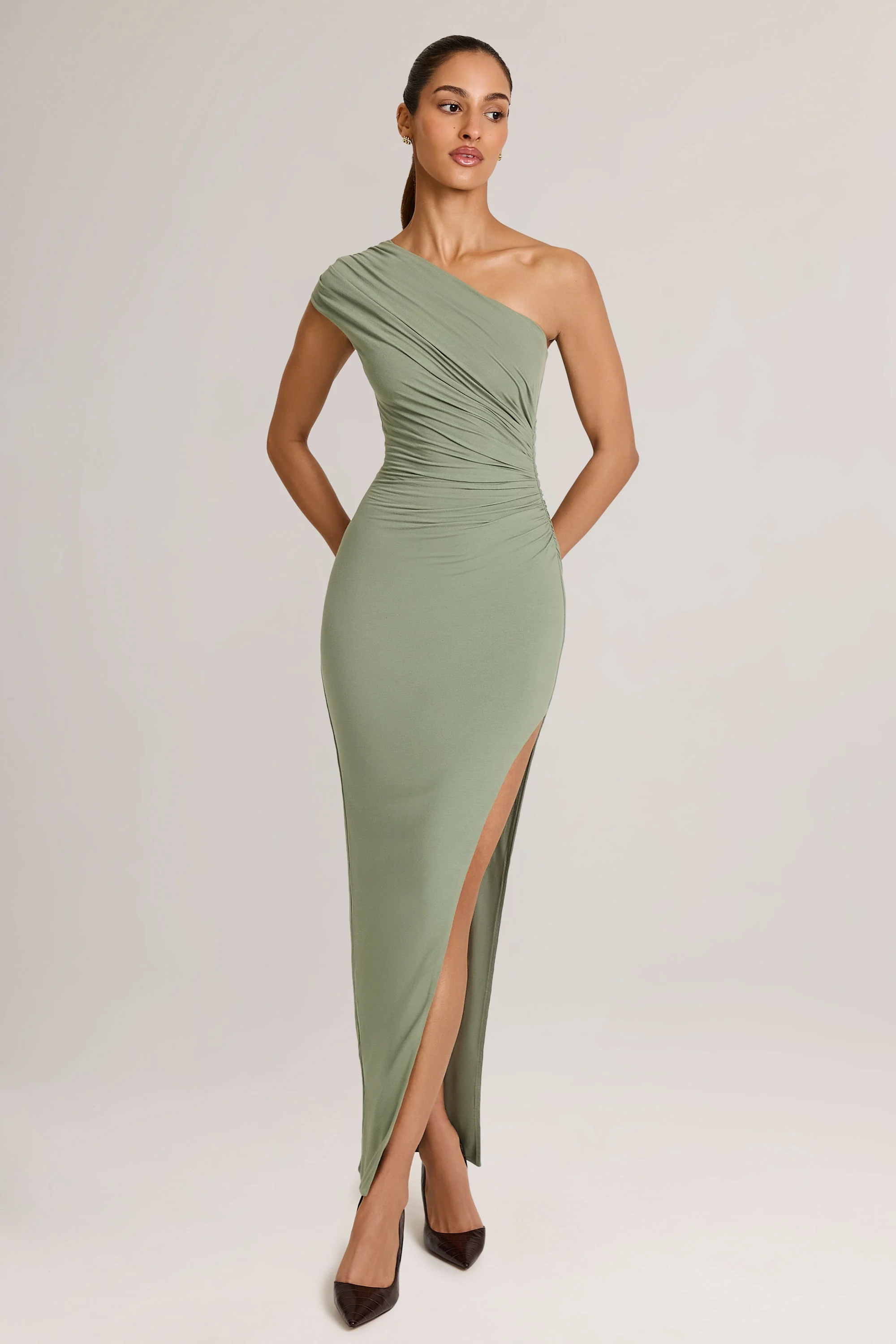 Modal Asymmetric Ruched Maxi Dress in Sage Green - Image 4