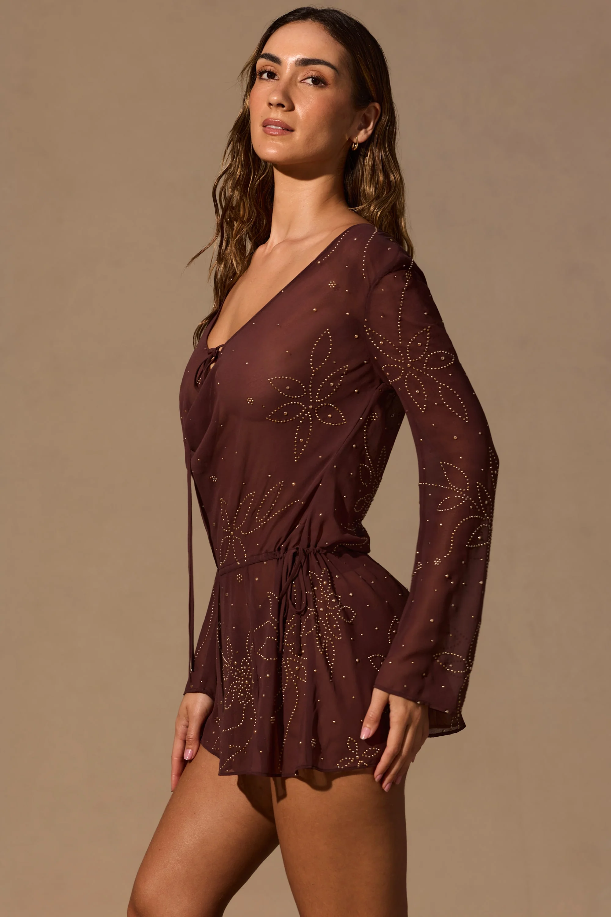 Long-Sleeve Mini Dress in Espresso Brown - Image 4