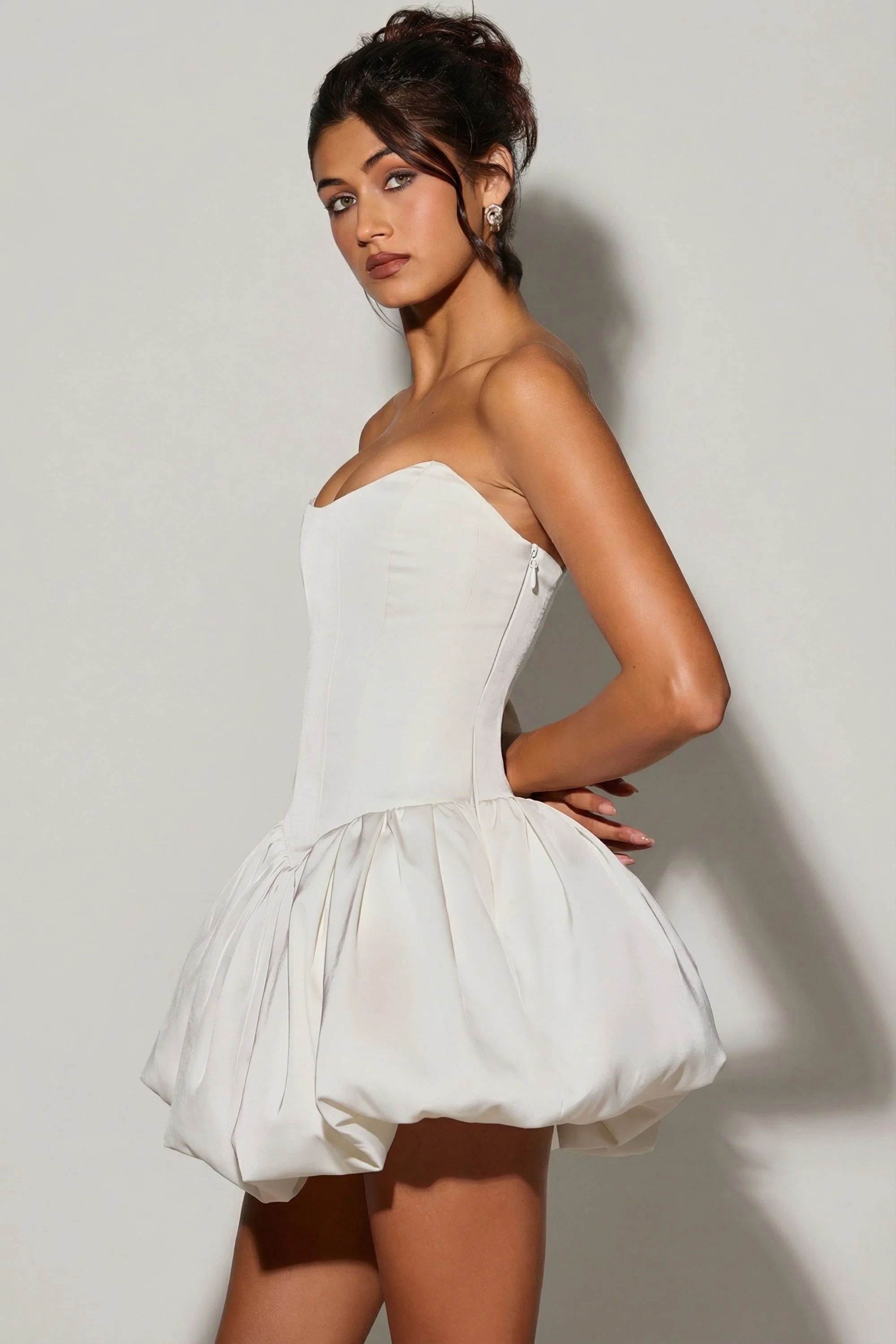 Lace-Up Bubble Hem Corset Micro Mini Dress in White - Image 3