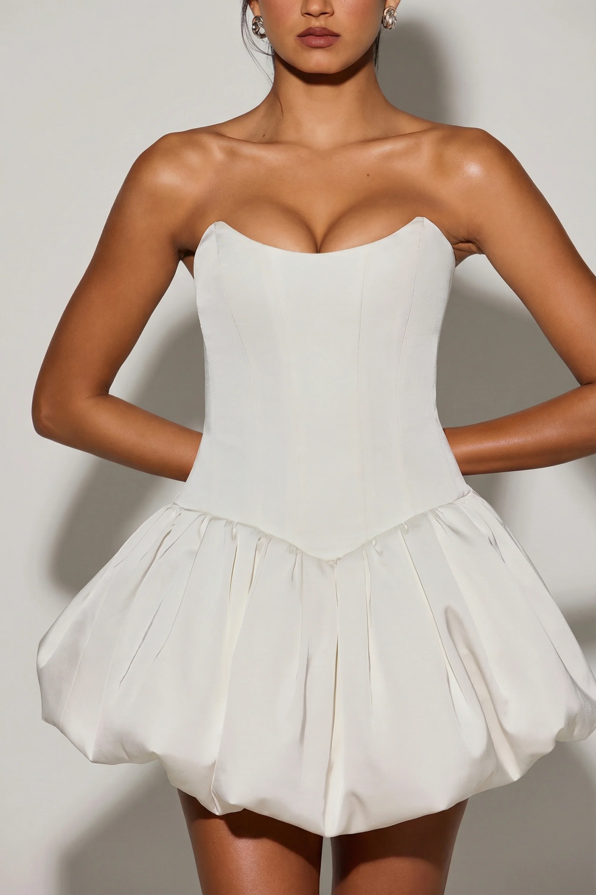 Lace-Up Bubble Hem Corset Micro Mini Dress in White - Image 4