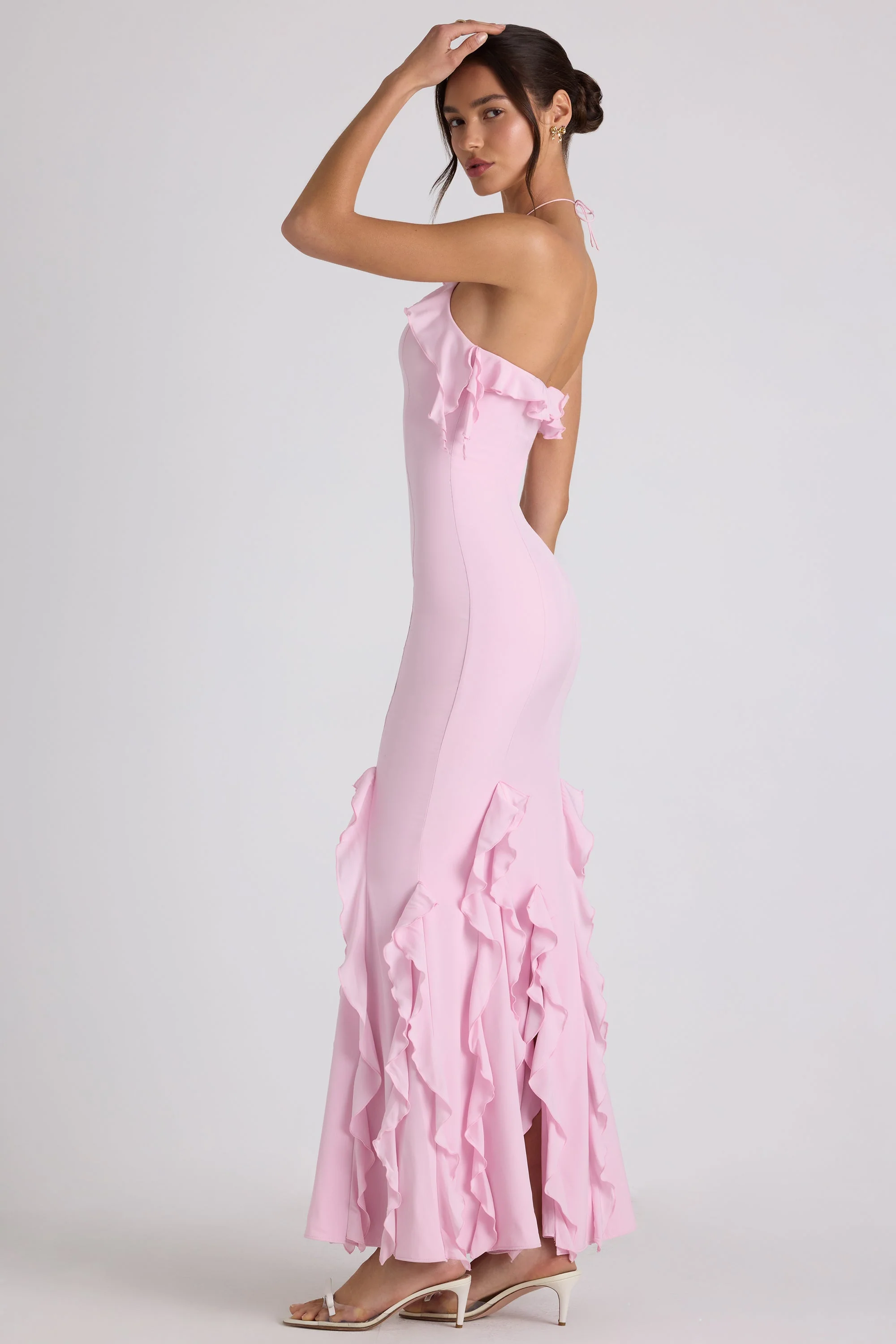 Ruffle-Trim Halterneck Gown in Soft Pink - Image 3