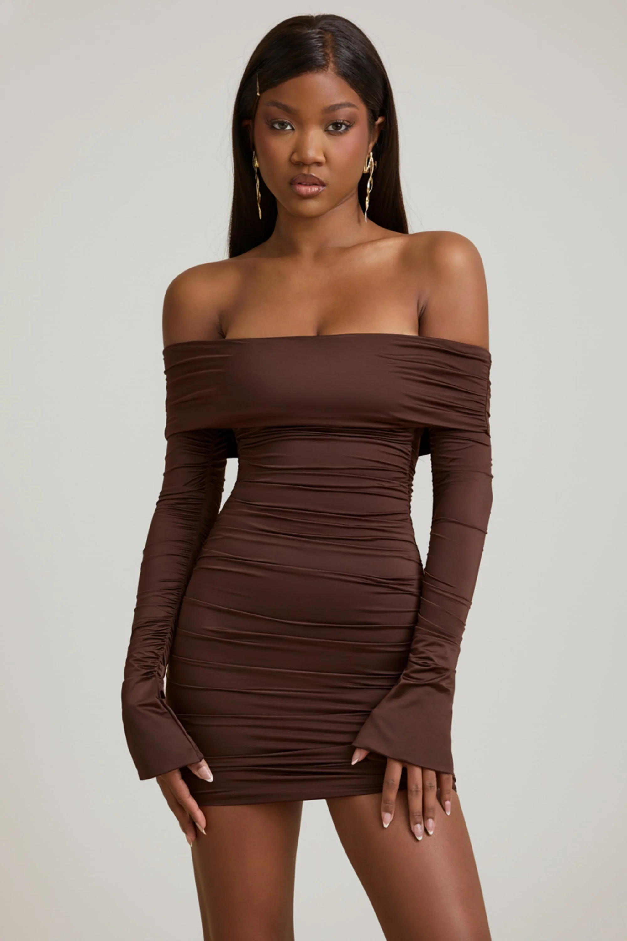 Bow-Detail Off-Shoulder Mini Dress in Chocolate Brown - Image 11