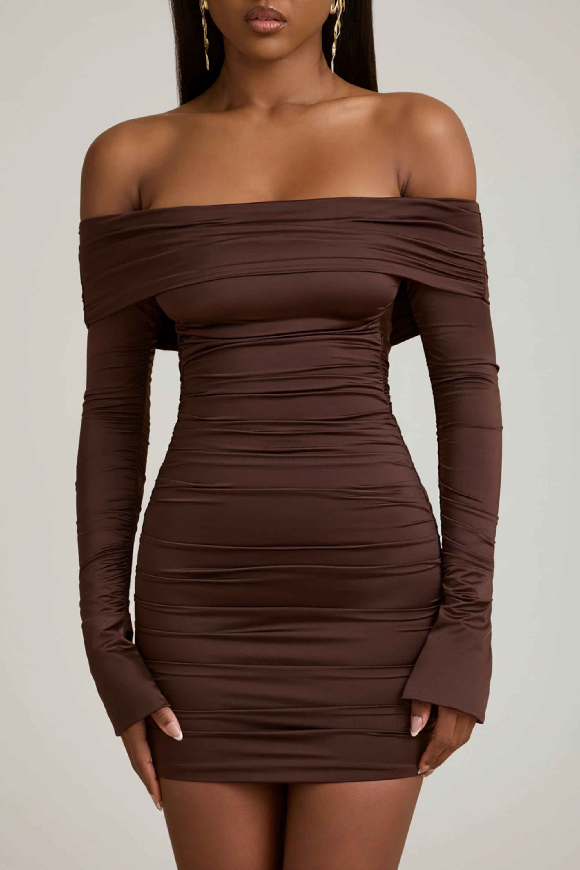 Bow-Detail Off-Shoulder Mini Dress in Chocolate Brown - Image 4
