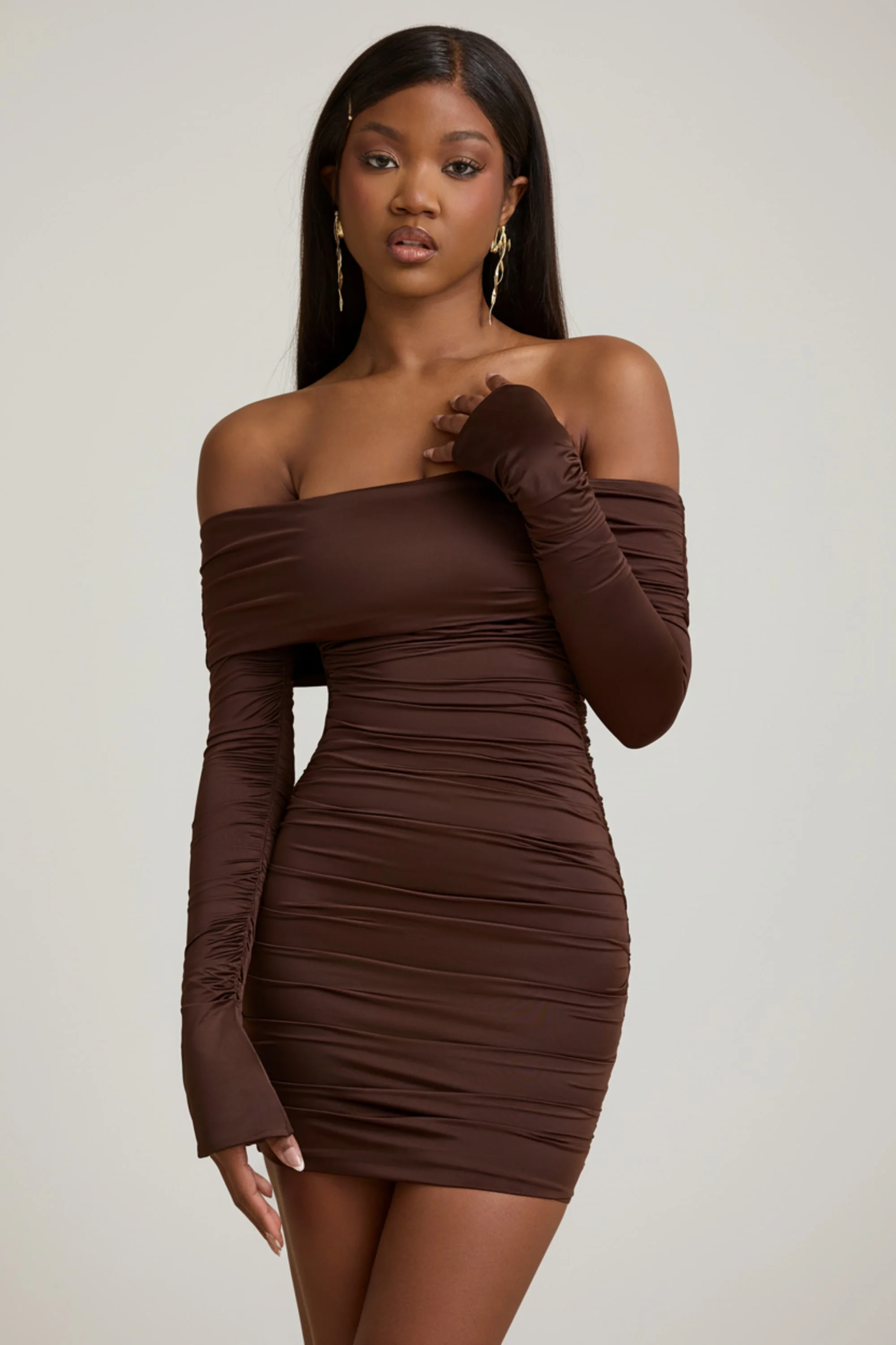 Bow-Detail Off-Shoulder Mini Dress in Chocolate Brown - Image 6