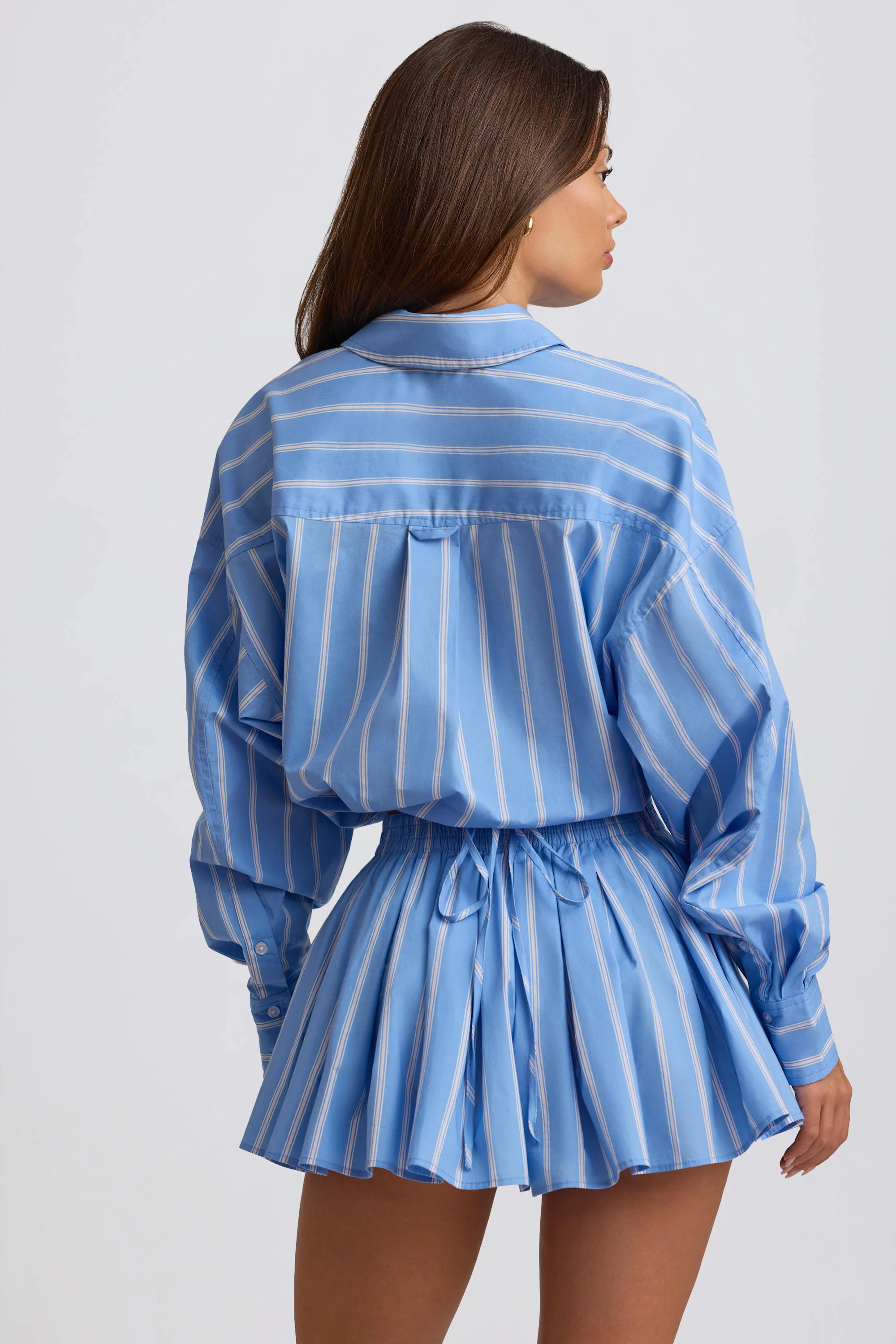 Cotton Poplin Stripe Pleated Shorts in Blue Stripe - Image 2