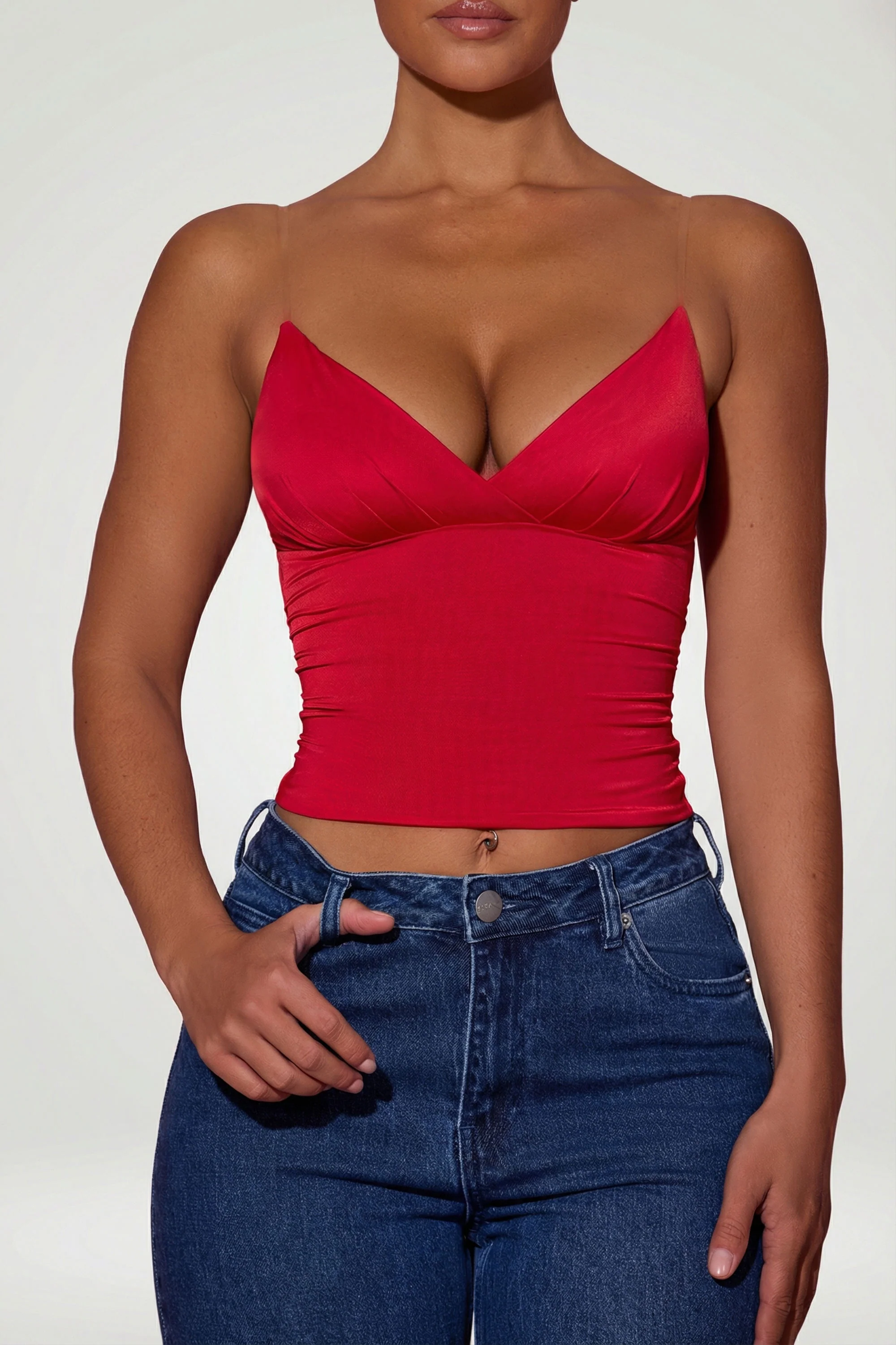 Ruched Plunge-Neck Camisole Top in Red - Image 4