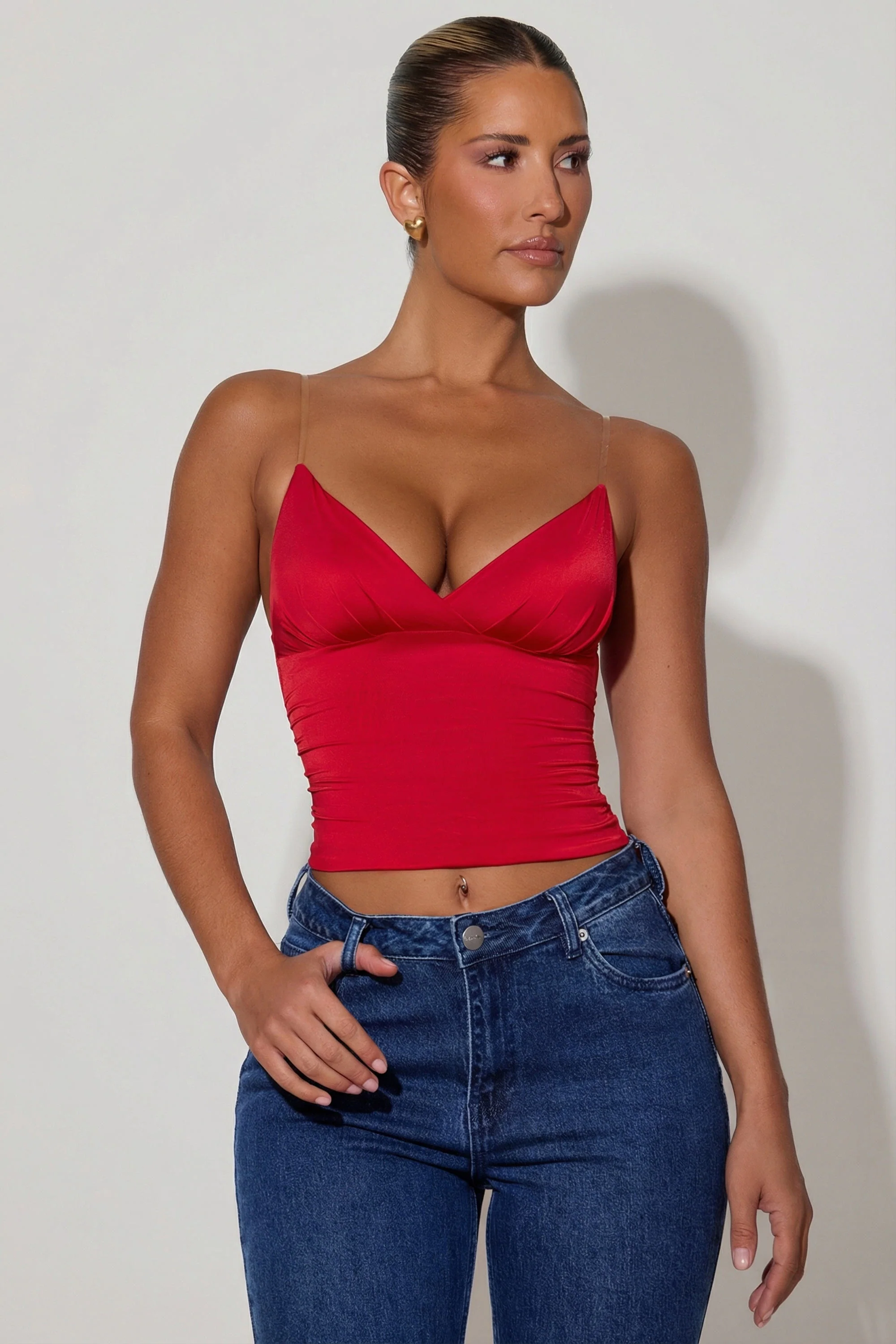 Ruched Plunge-Neck Camisole Top in Red - Image 5