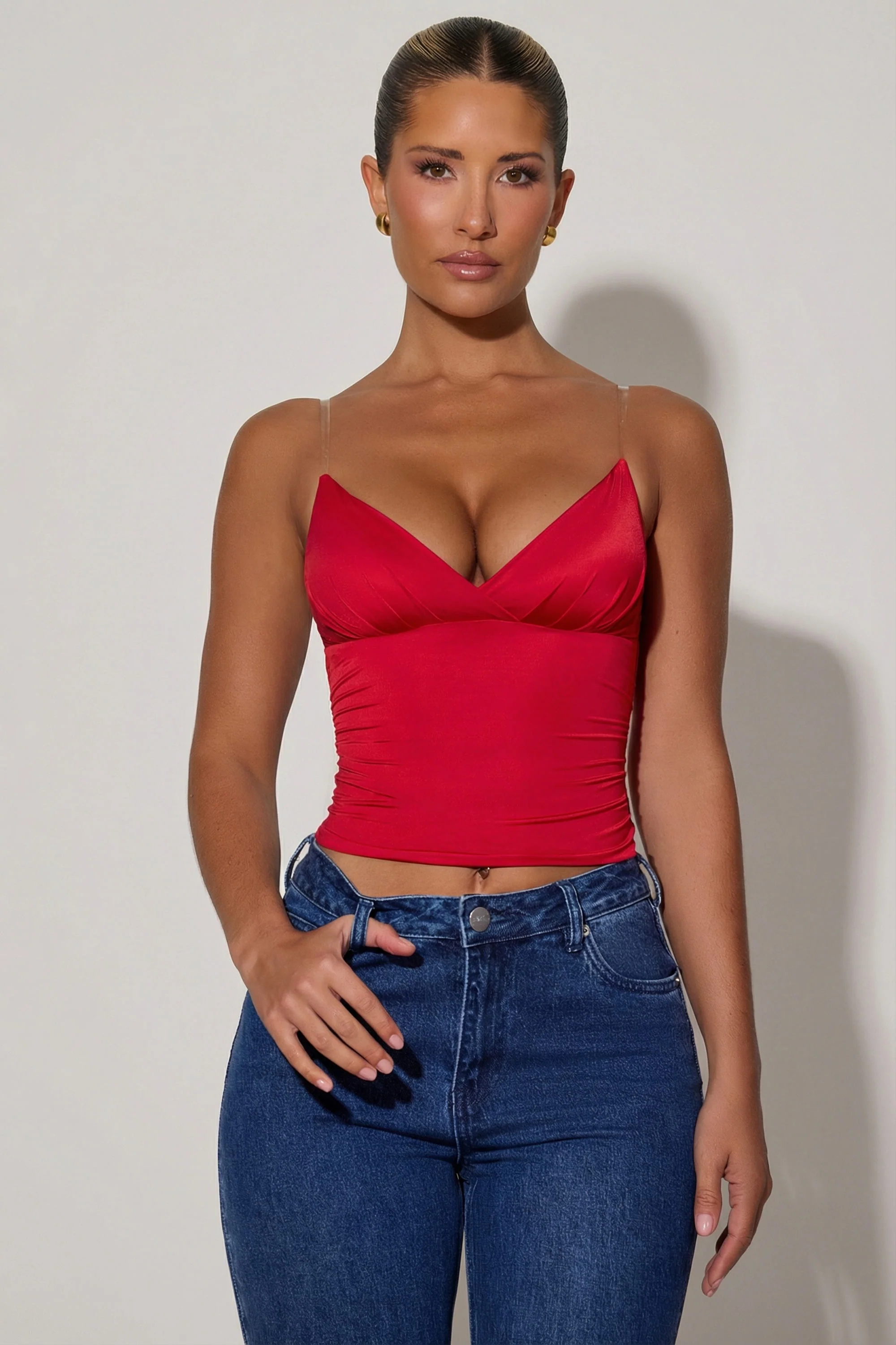 Ruched Plunge-Neck Camisole Top in Red - Image 6