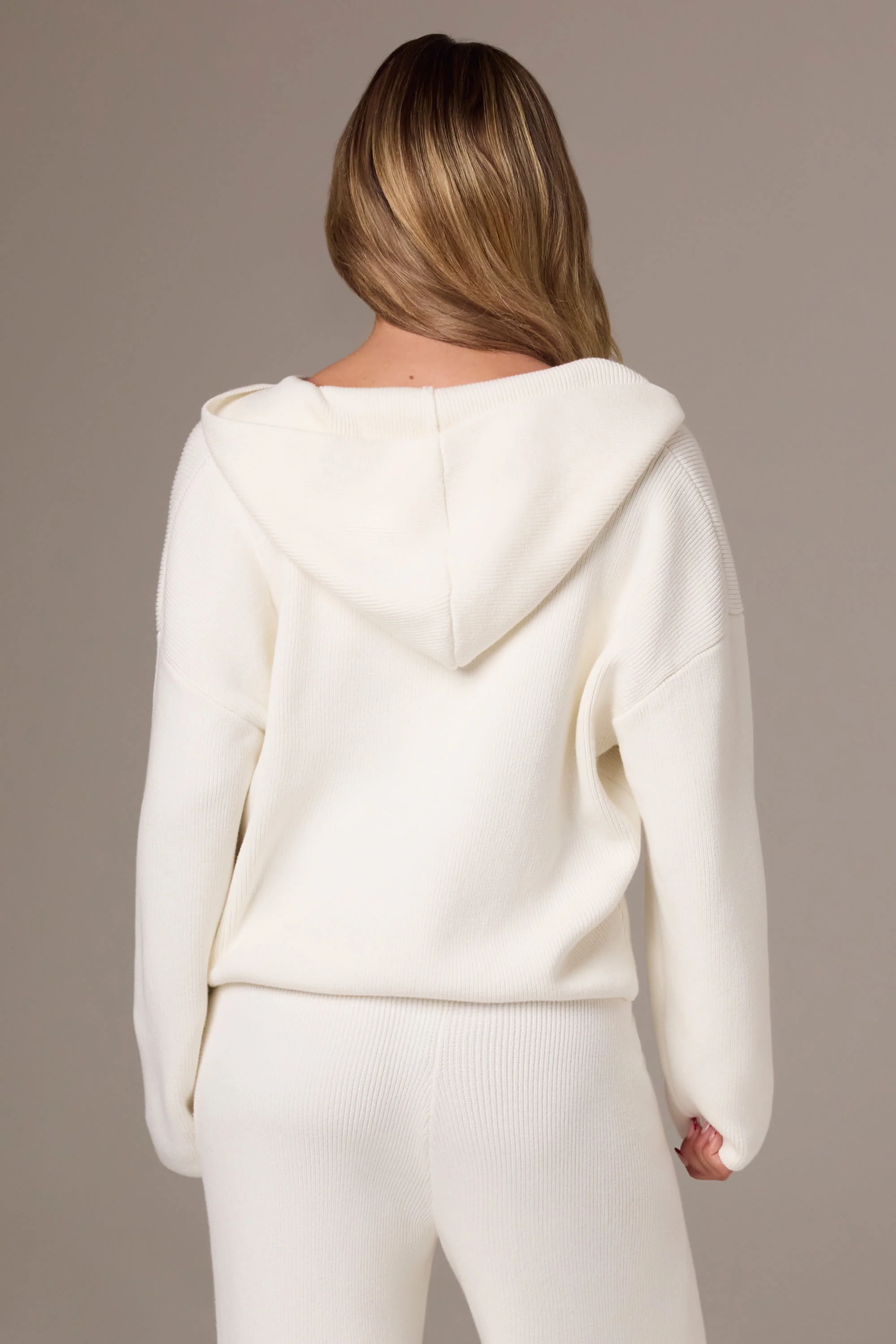 Ribbed Knit Oversized Hoodie in Ivory - Image 2