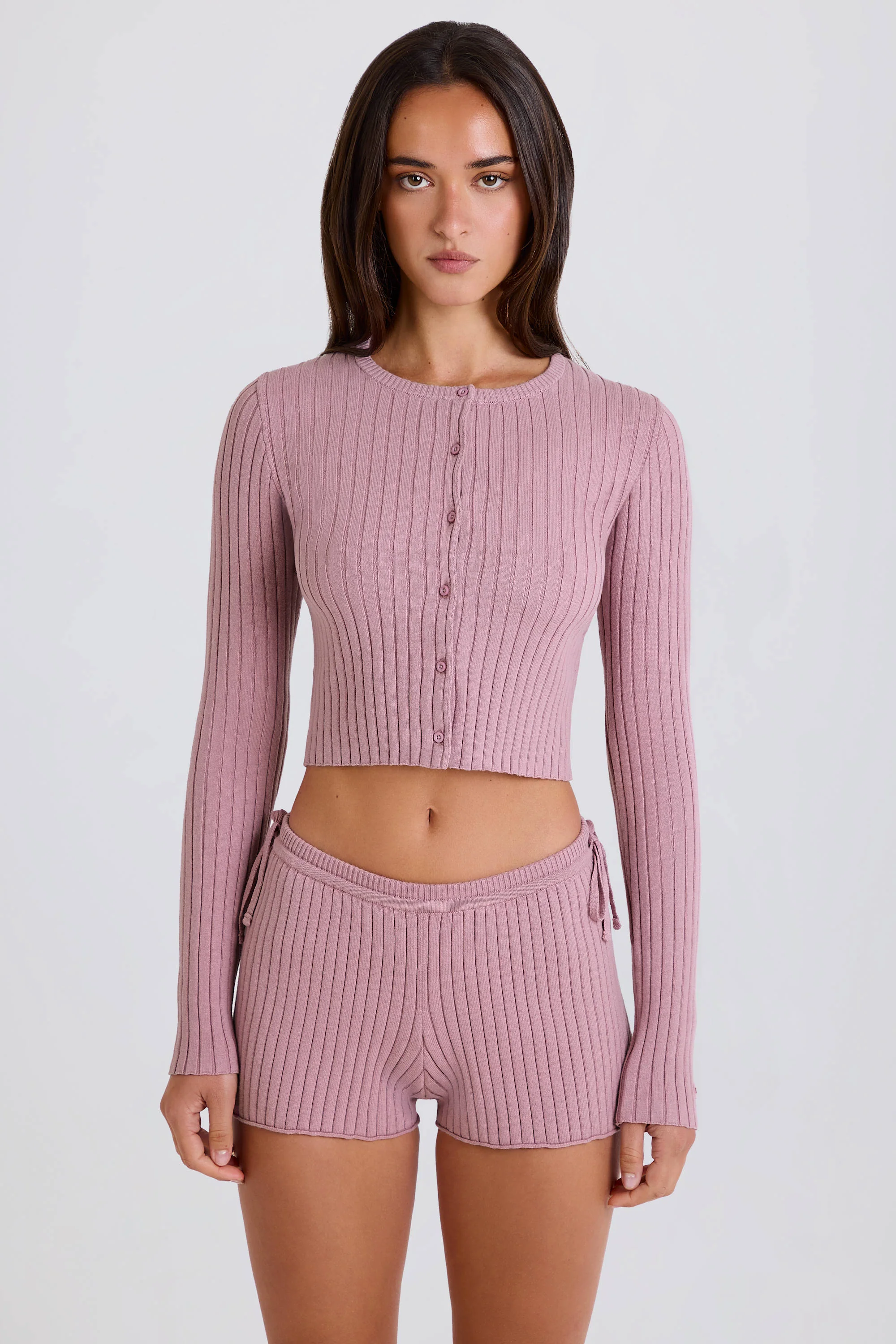 Ribbed Knit Tie Mini Shorts in Mauve - Image 10
