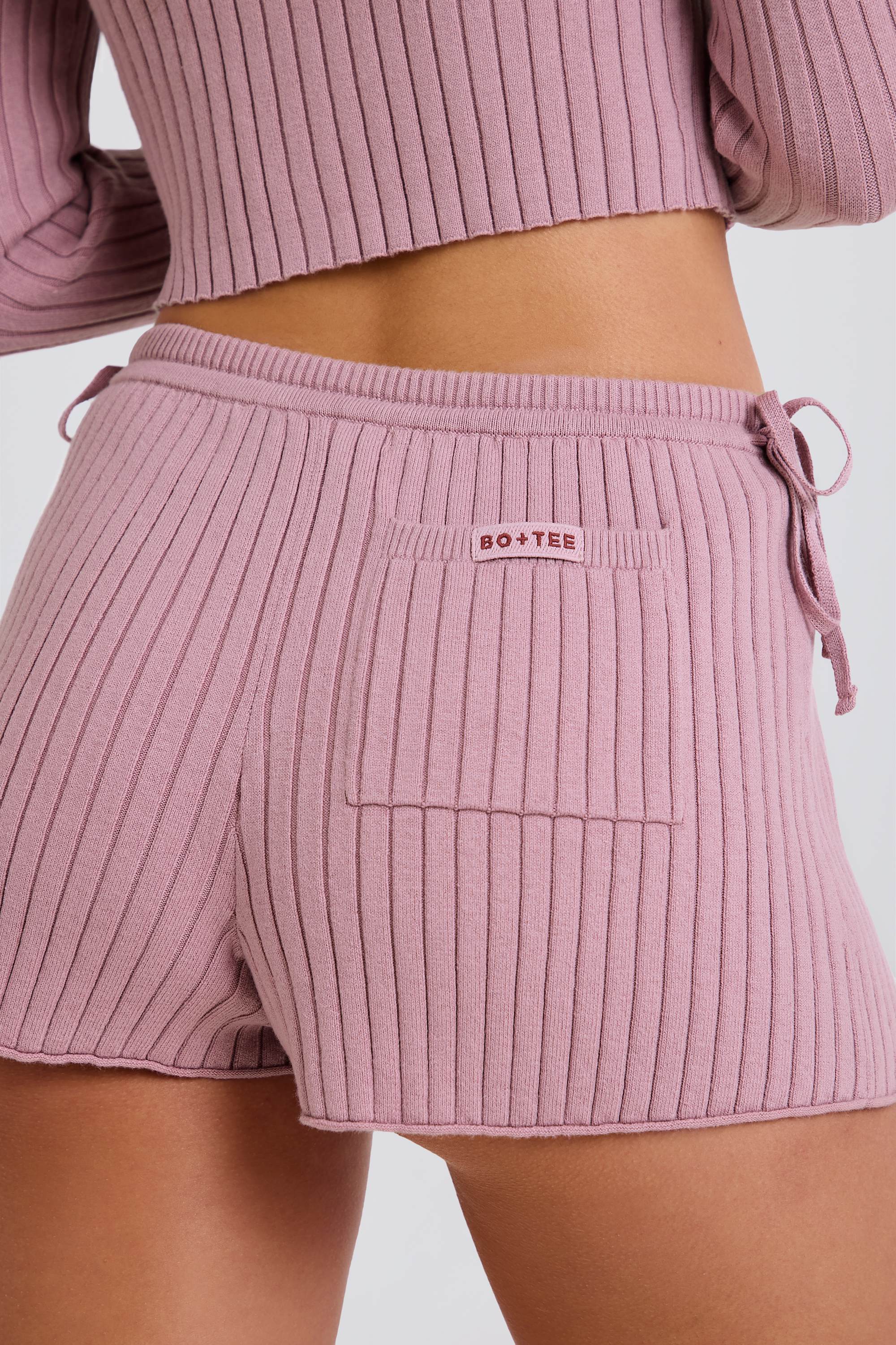 Ribbed Knit Tie Mini Shorts in Mauve - Image 11