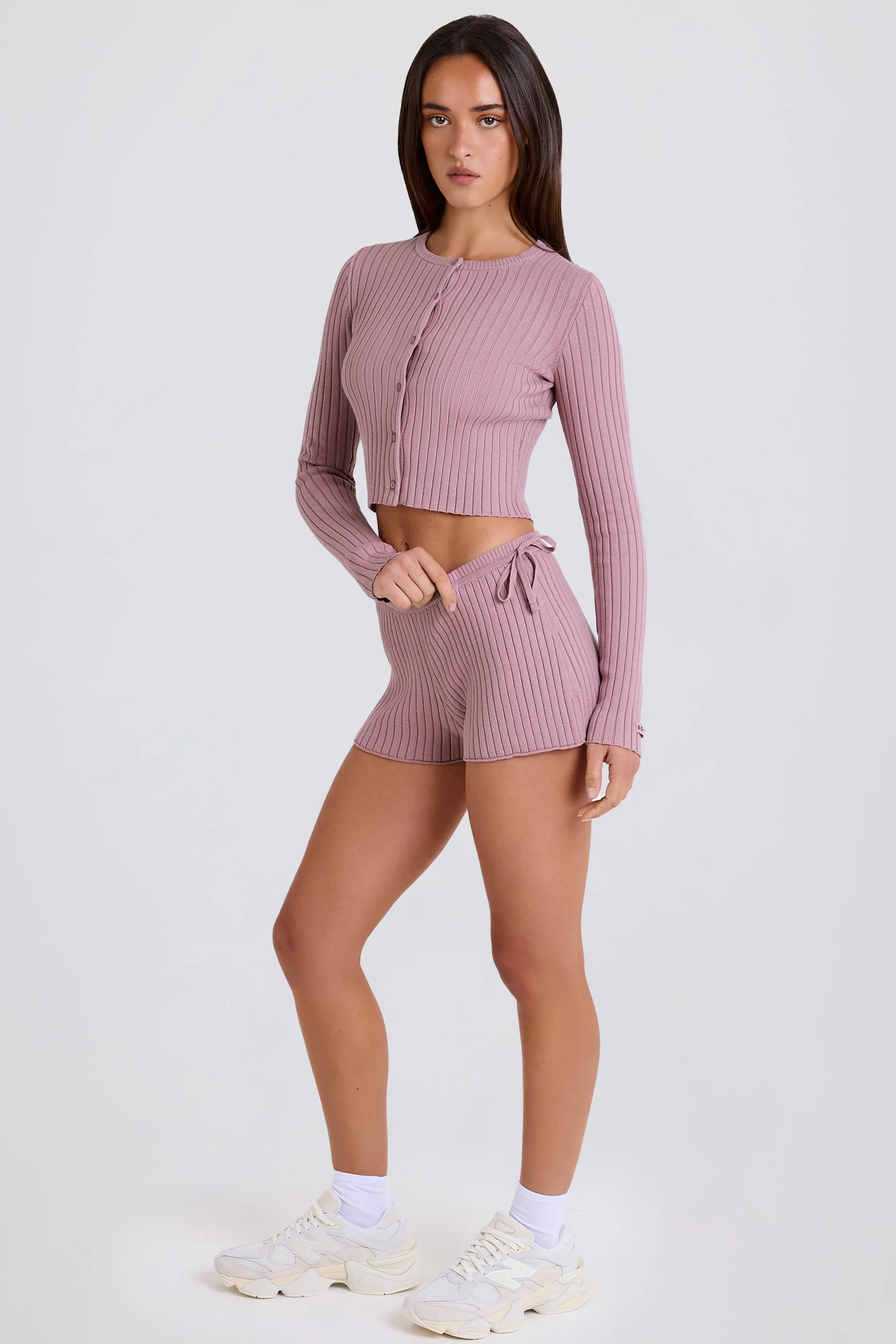 Ribbed Knit Tie Mini Shorts in Mauve - Image 5