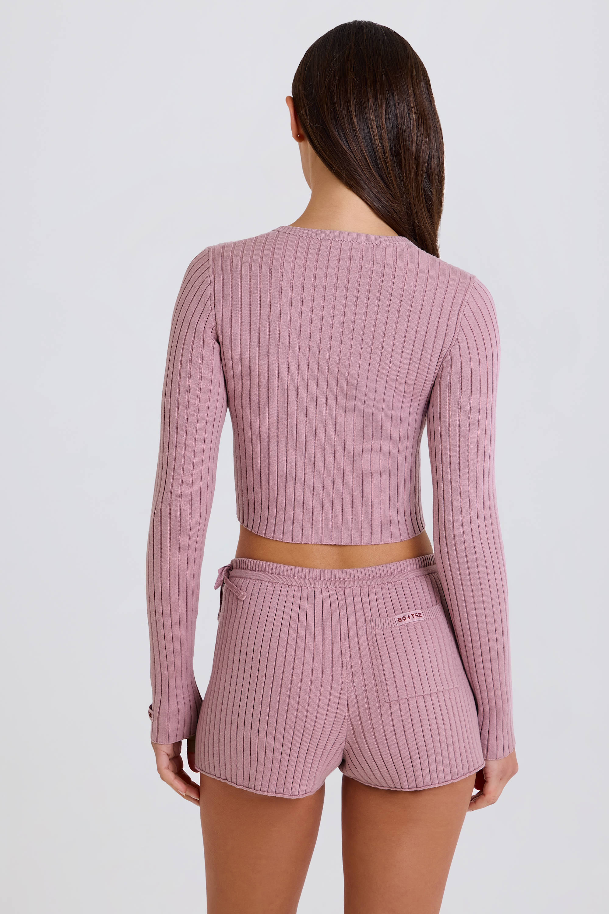 Ribbed Knit Tie Mini Shorts in Mauve - Image 8