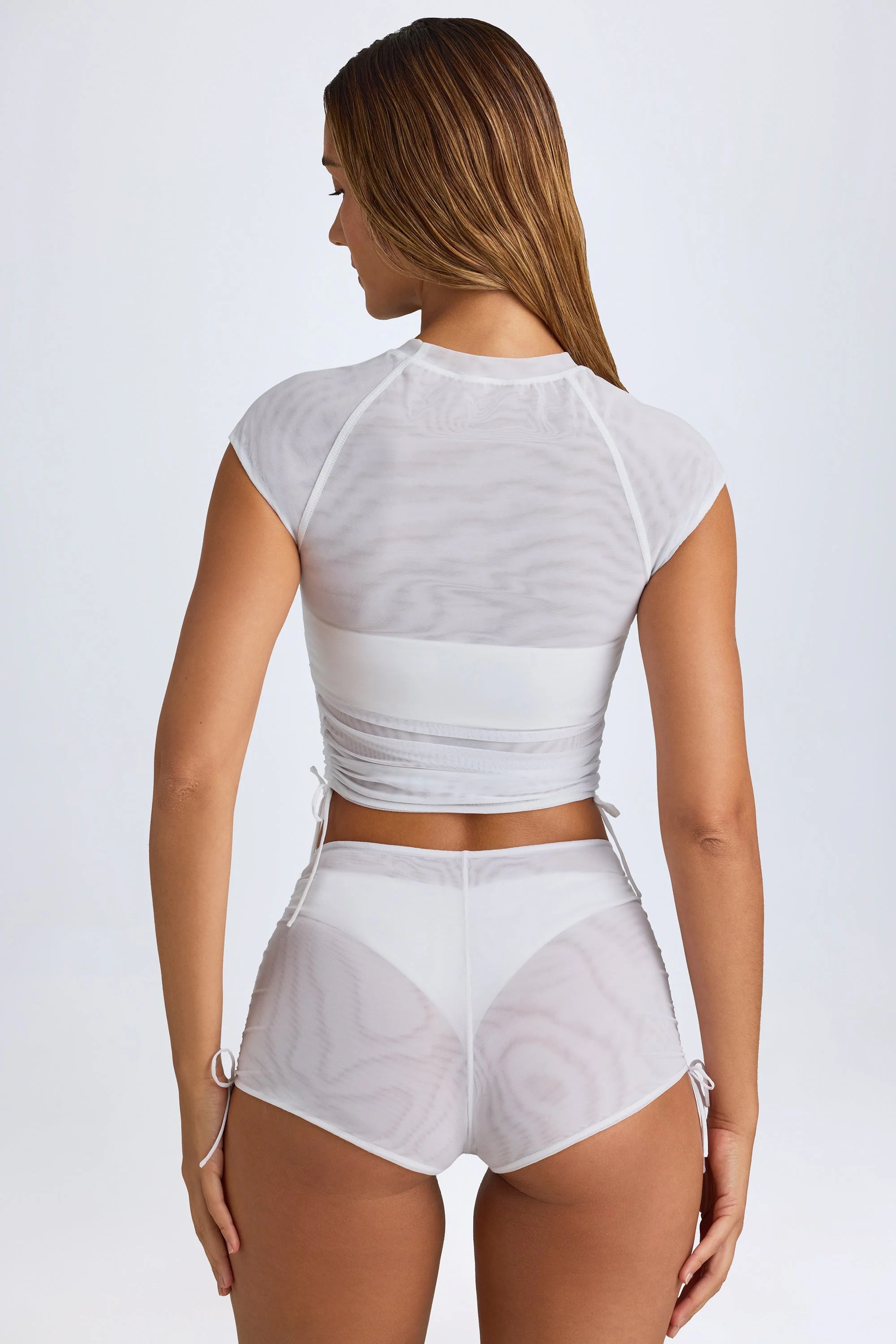 Sheer Ruched Mini Shorts in White - Image 2