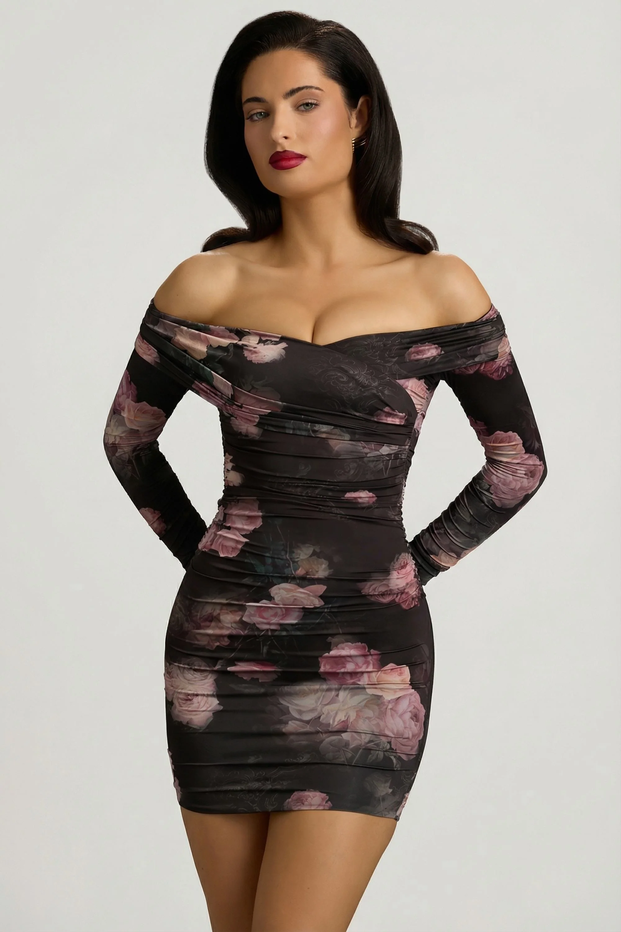 Off-Shoulder Ruched Bodycon Mini Dress in Black Floral Print - Image 9