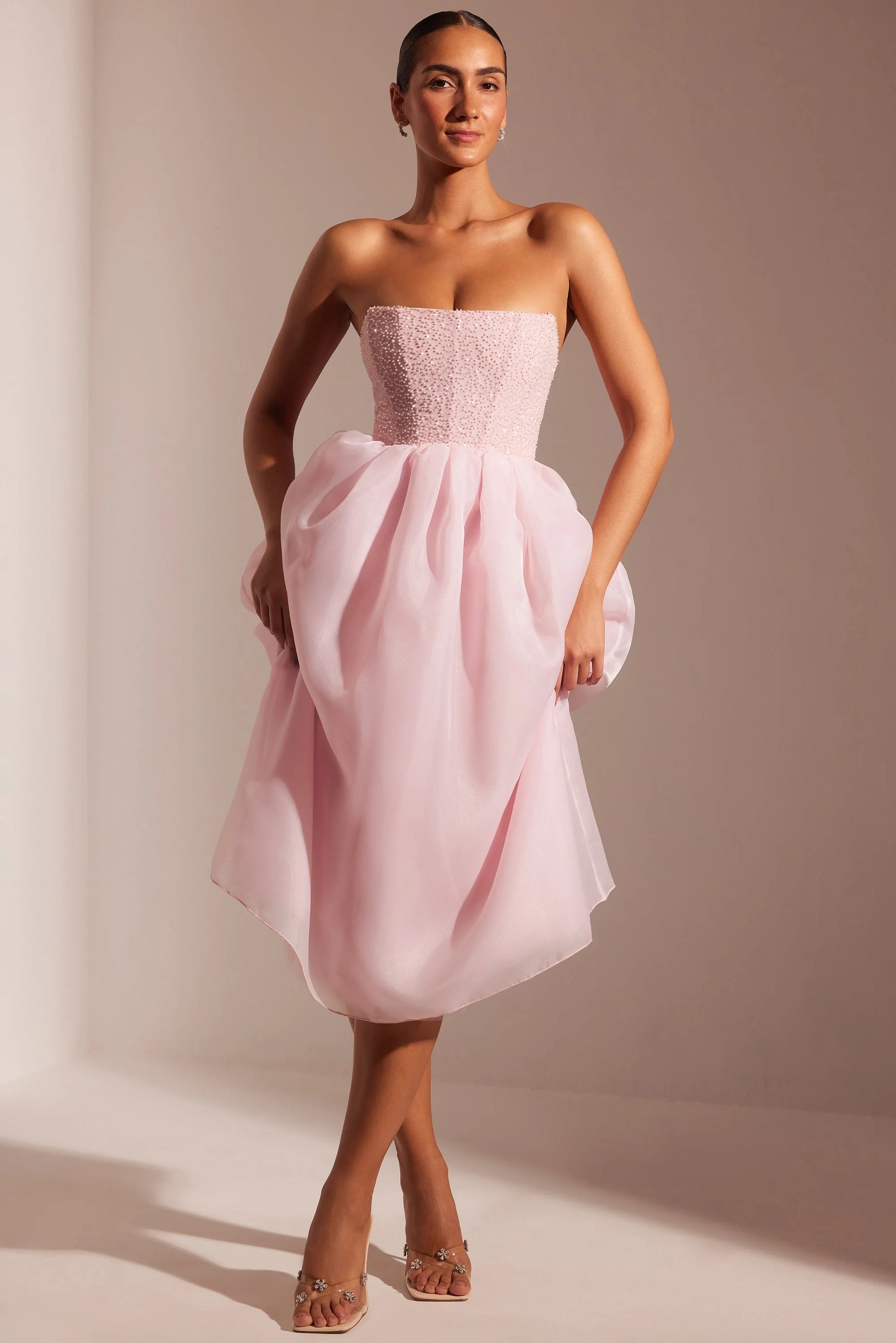 Embellished Corset Tulle Skirt Midi Dress in Blush - Image 7