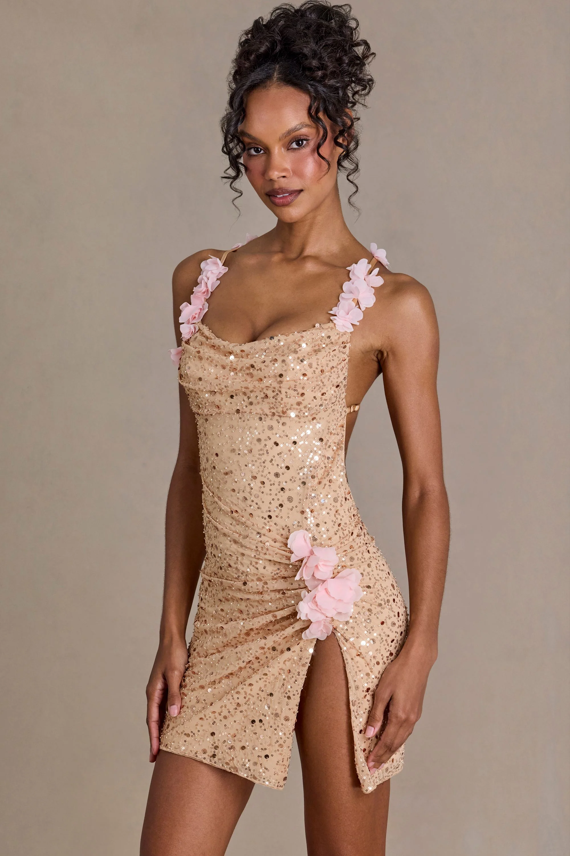 Premium Embellished Open-Back Mini Dress in Gold - Image 5