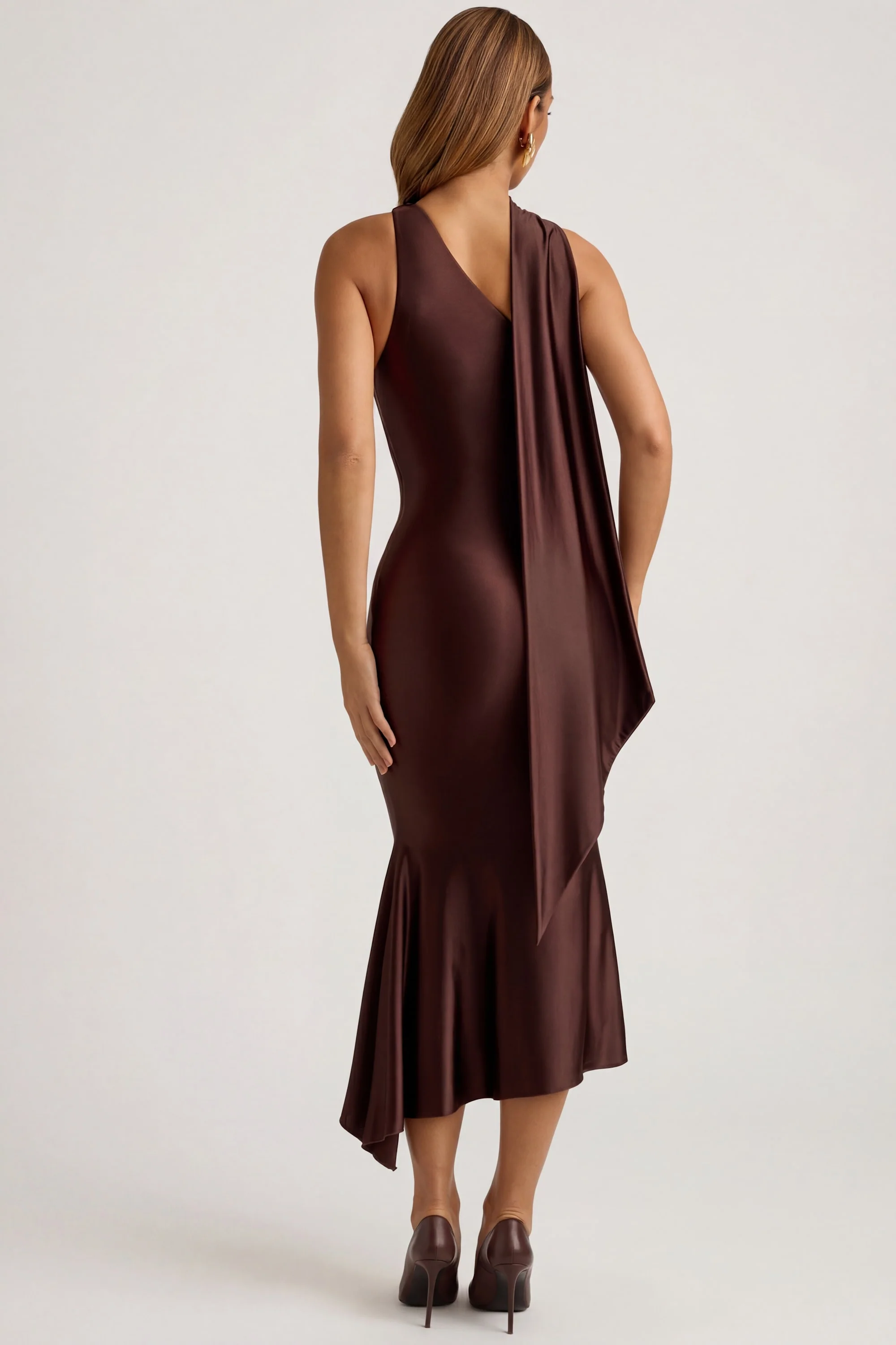 Asymmetric Scarf-Detail Midaxi Dress in Chocolate Brown - Image 3