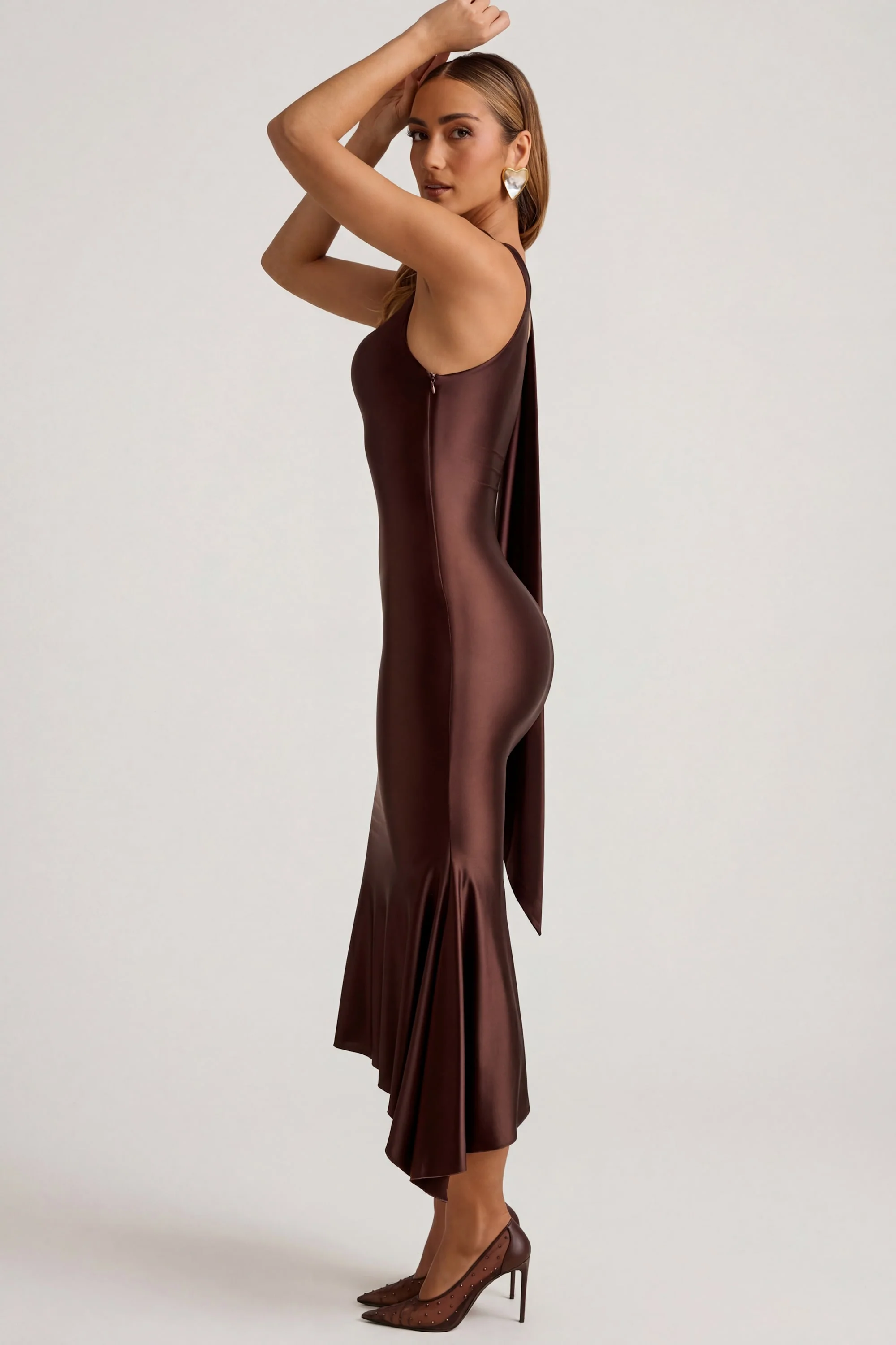 Asymmetric Scarf-Detail Midaxi Dress in Chocolate Brown - Image 4