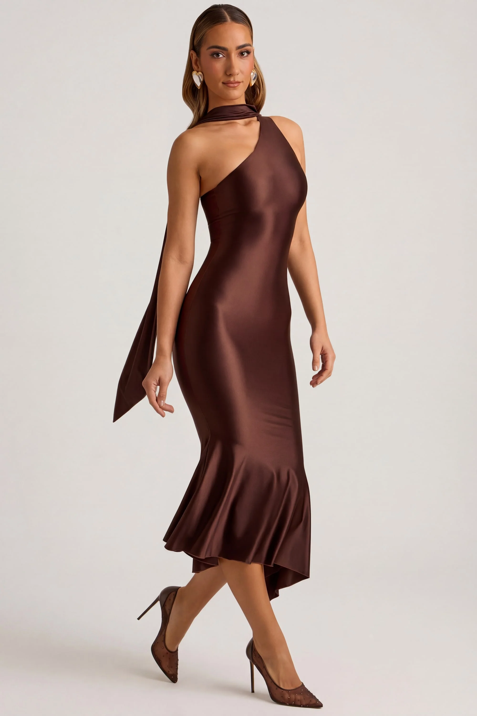 Asymmetric Scarf-Detail Midaxi Dress in Chocolate Brown - Image 8