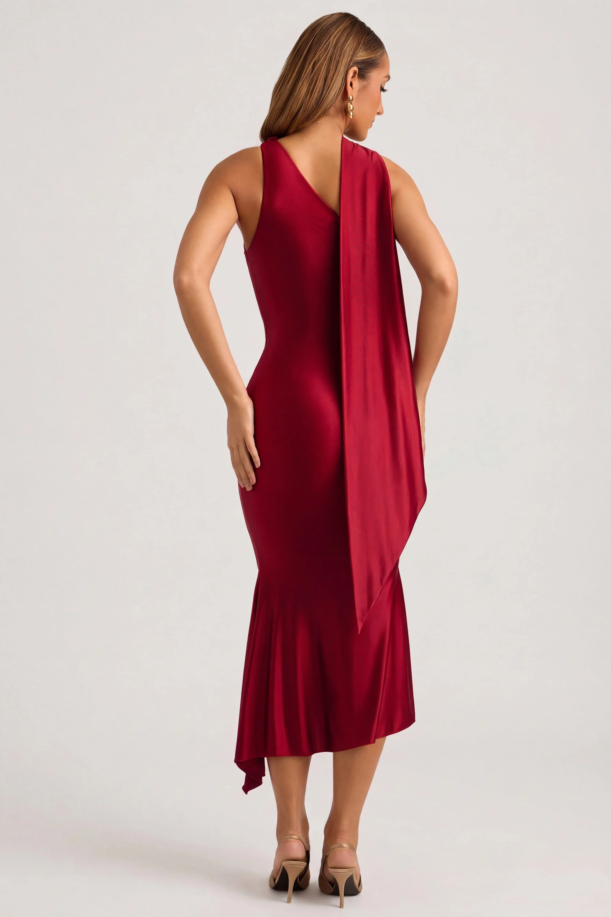 Asymmetric Scarf-Detail Midaxi Dress in True Red - Image 3