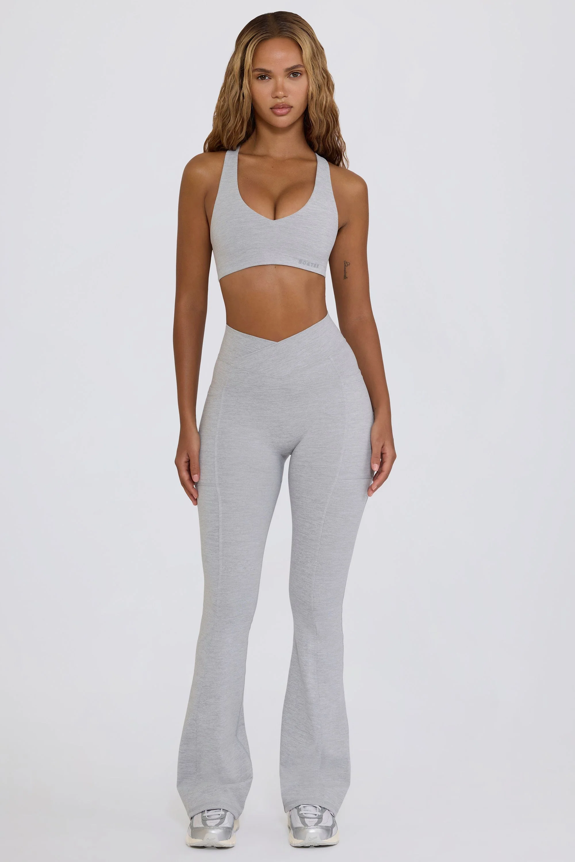 Soft Active V-Waist Pocket Flared Leggings in Grey Marl - Image 2