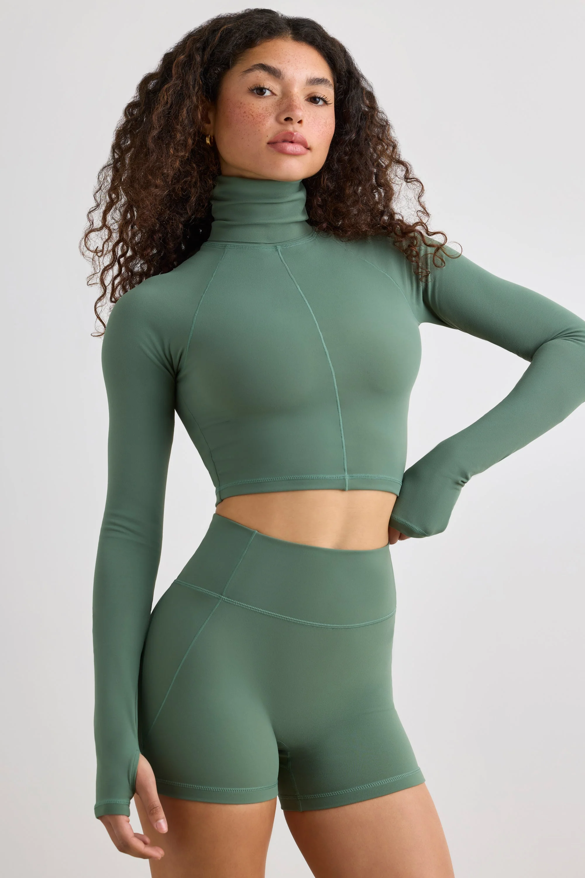 Soft Active High Waist Mini Shorts in Khaki - Image 6