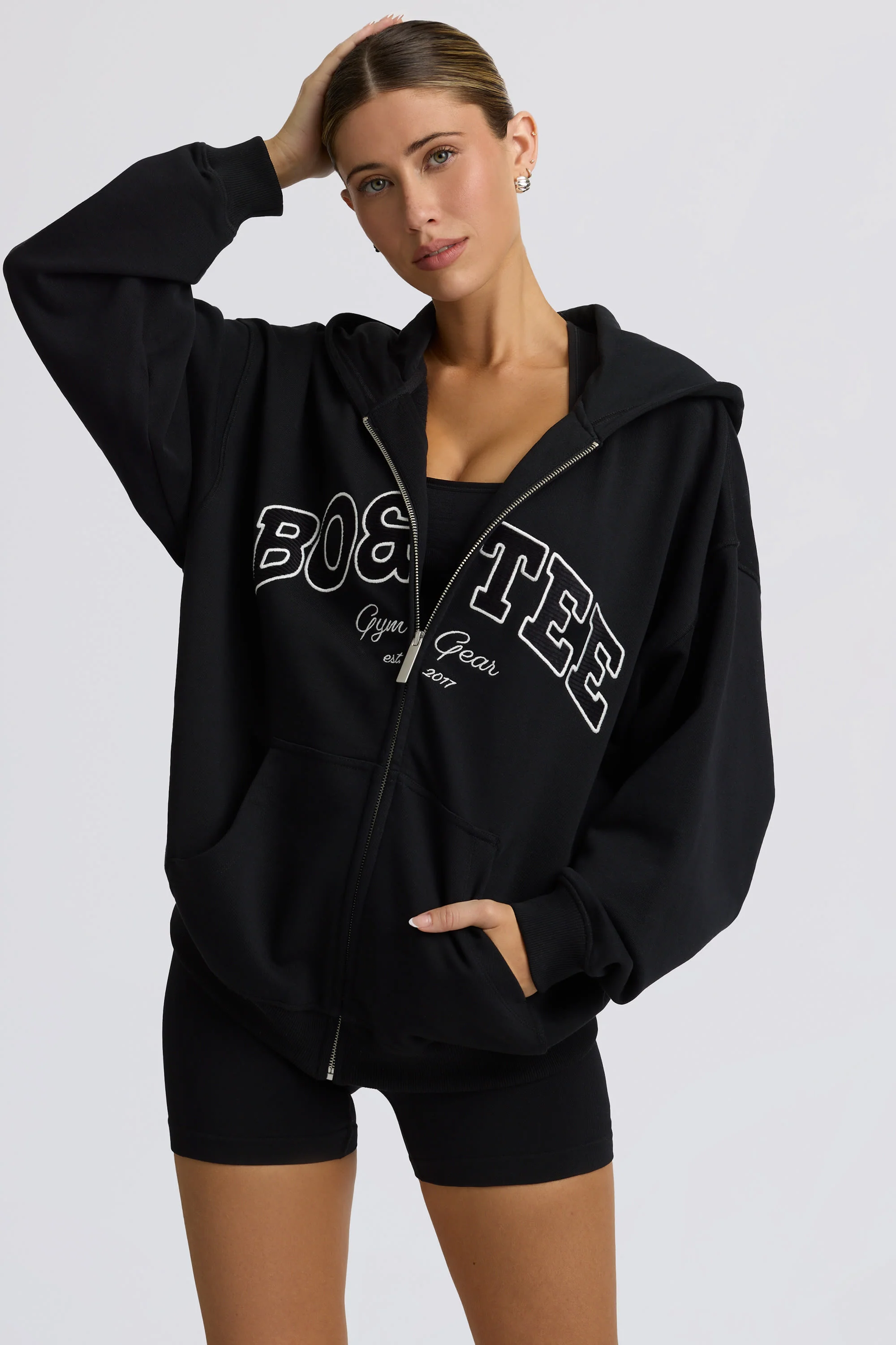 Oversized Zip-Up Hoodie in Black - Image 11