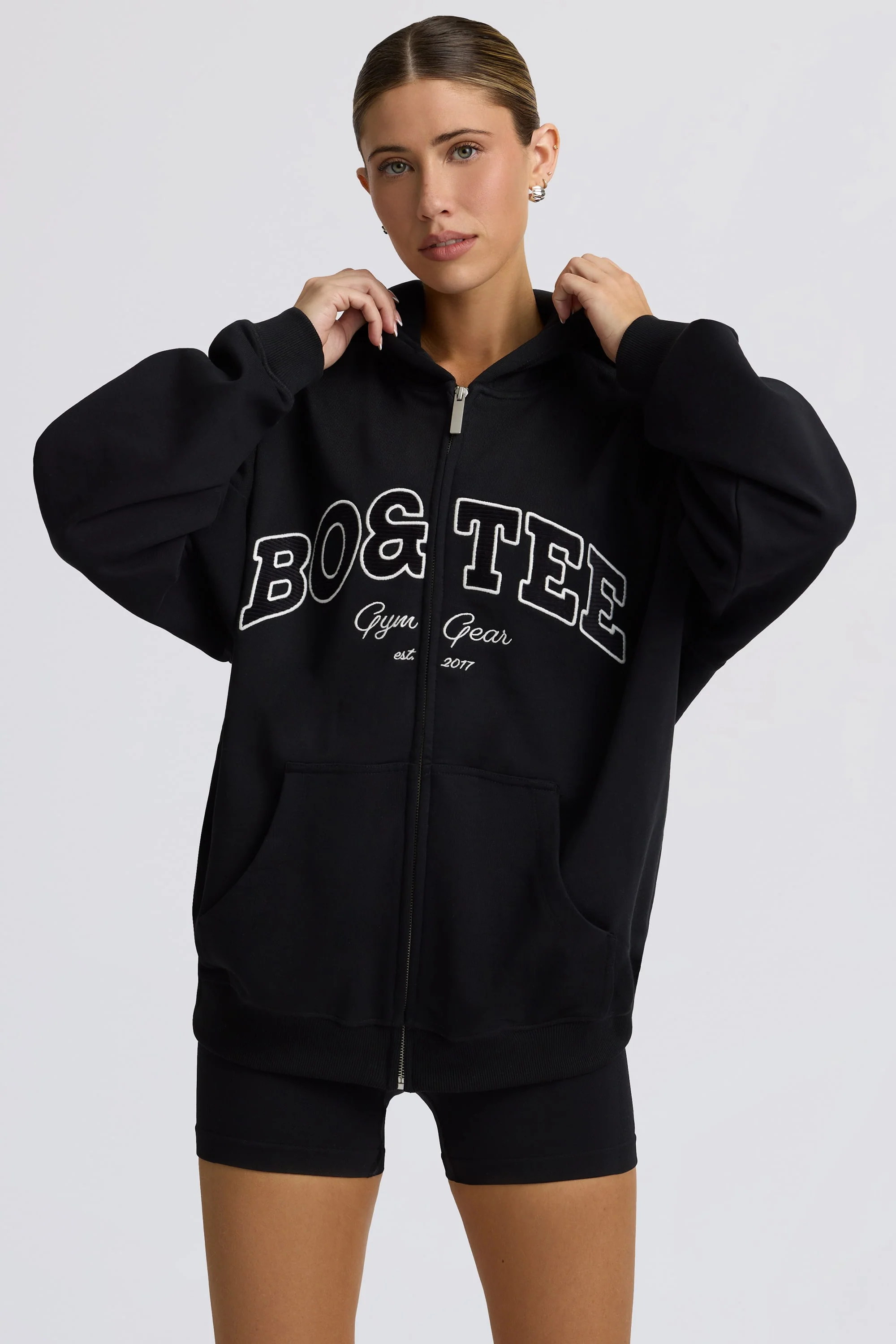 Oversized Zip-Up Hoodie in Black - Image 2