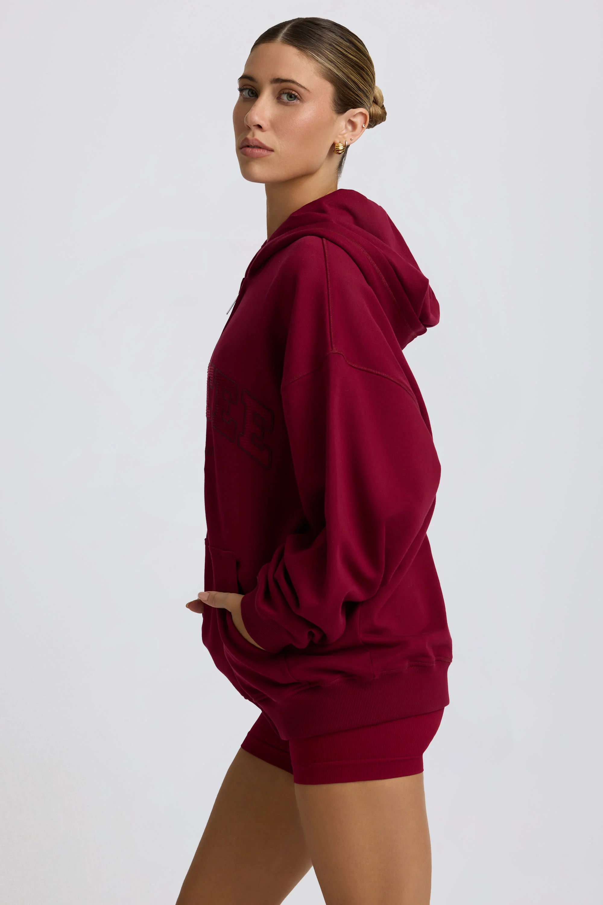 Oversized Zip-Up Hoodie in Burgundy - Image 4