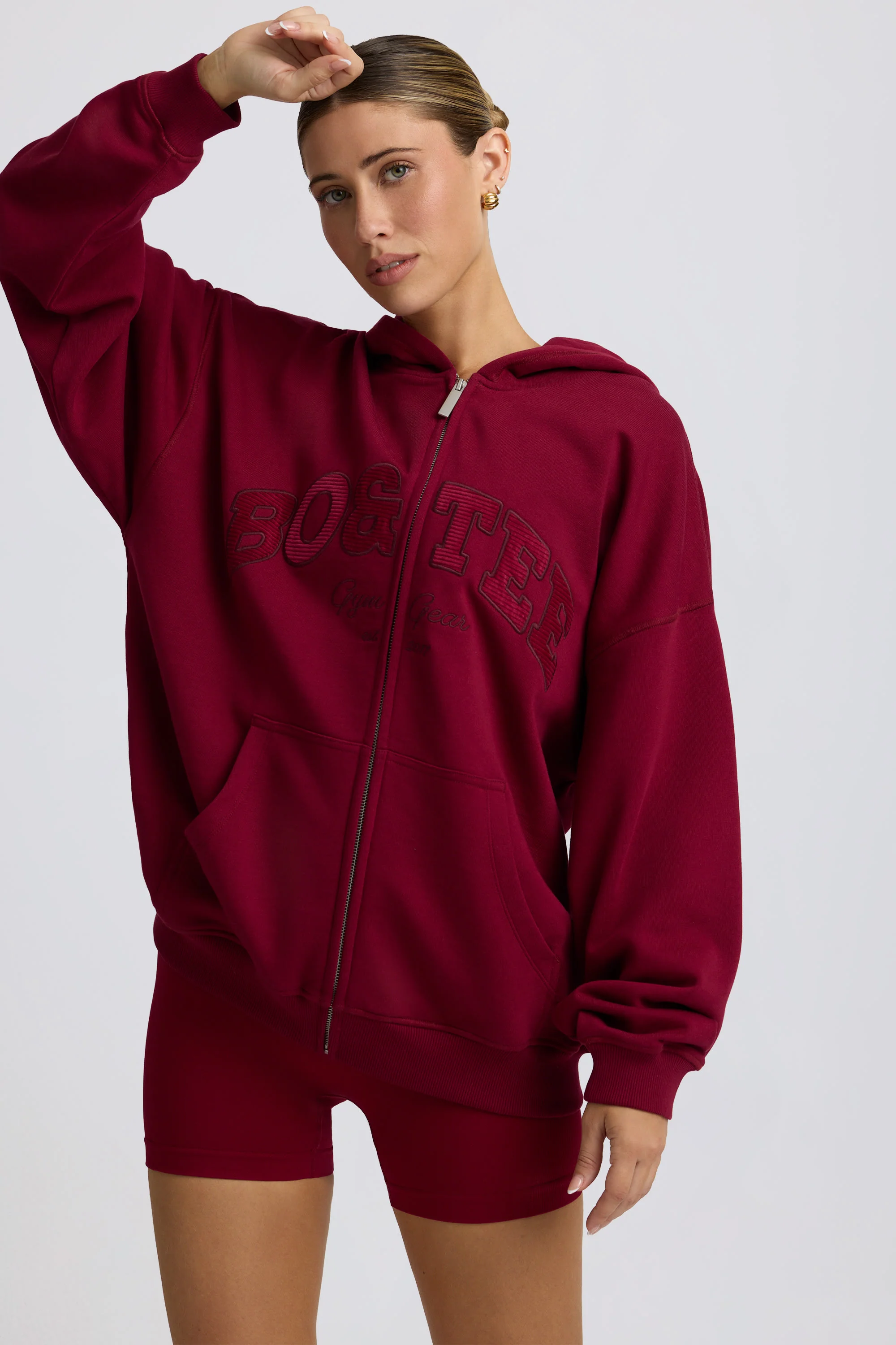 Oversized Zip-Up Hoodie in Burgundy - Image 7